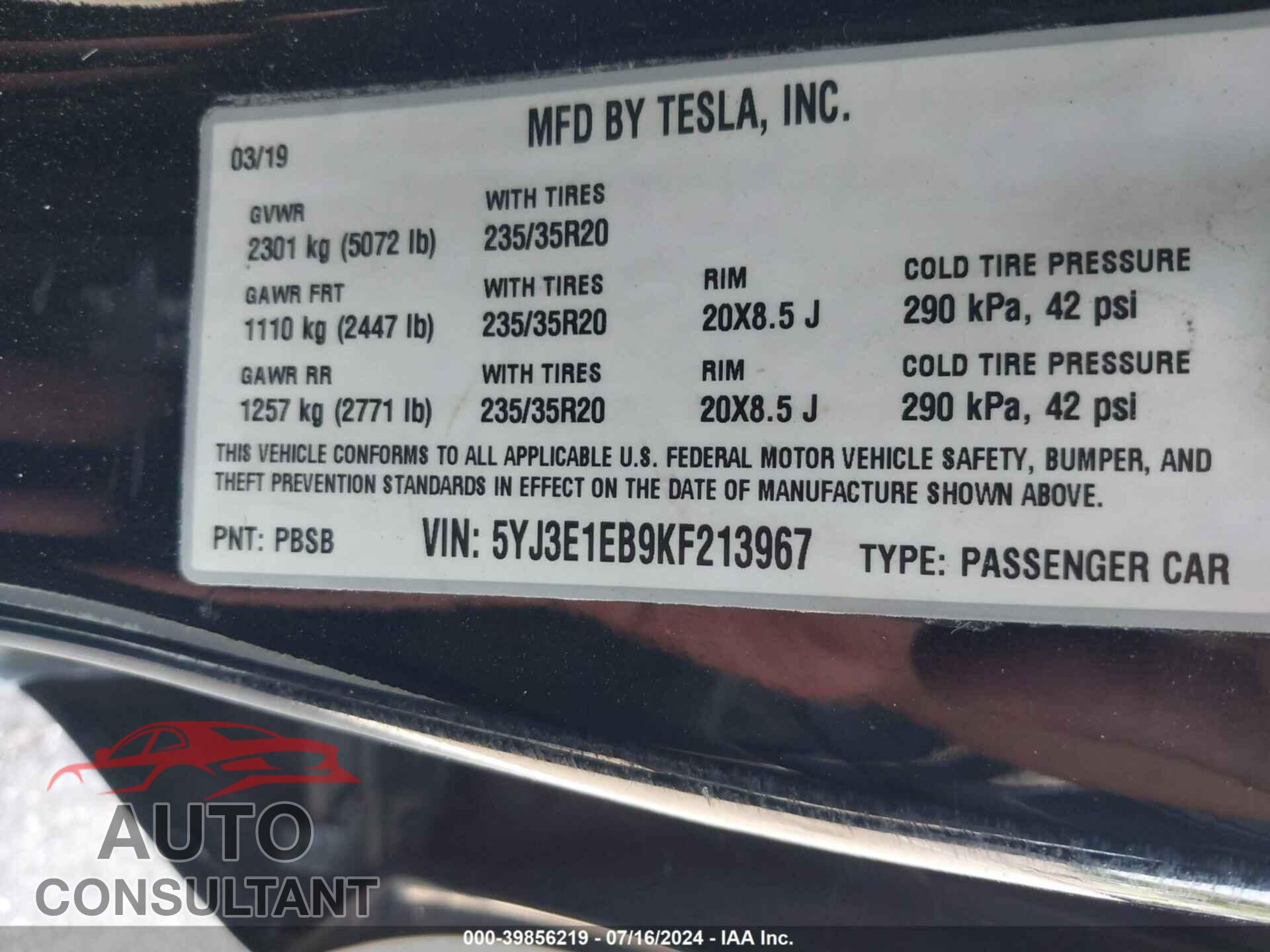 TESLA MODEL 3 2019 - 5YJ3E1EB9KF213967