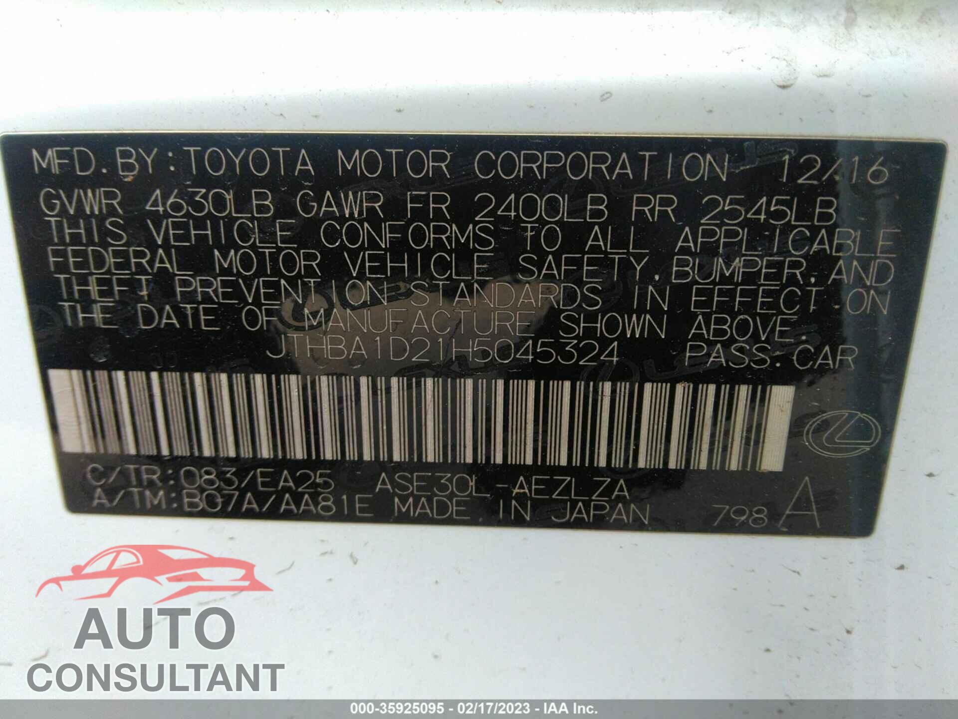 LEXUS IS 2017 - JTHBA1D21H5045324