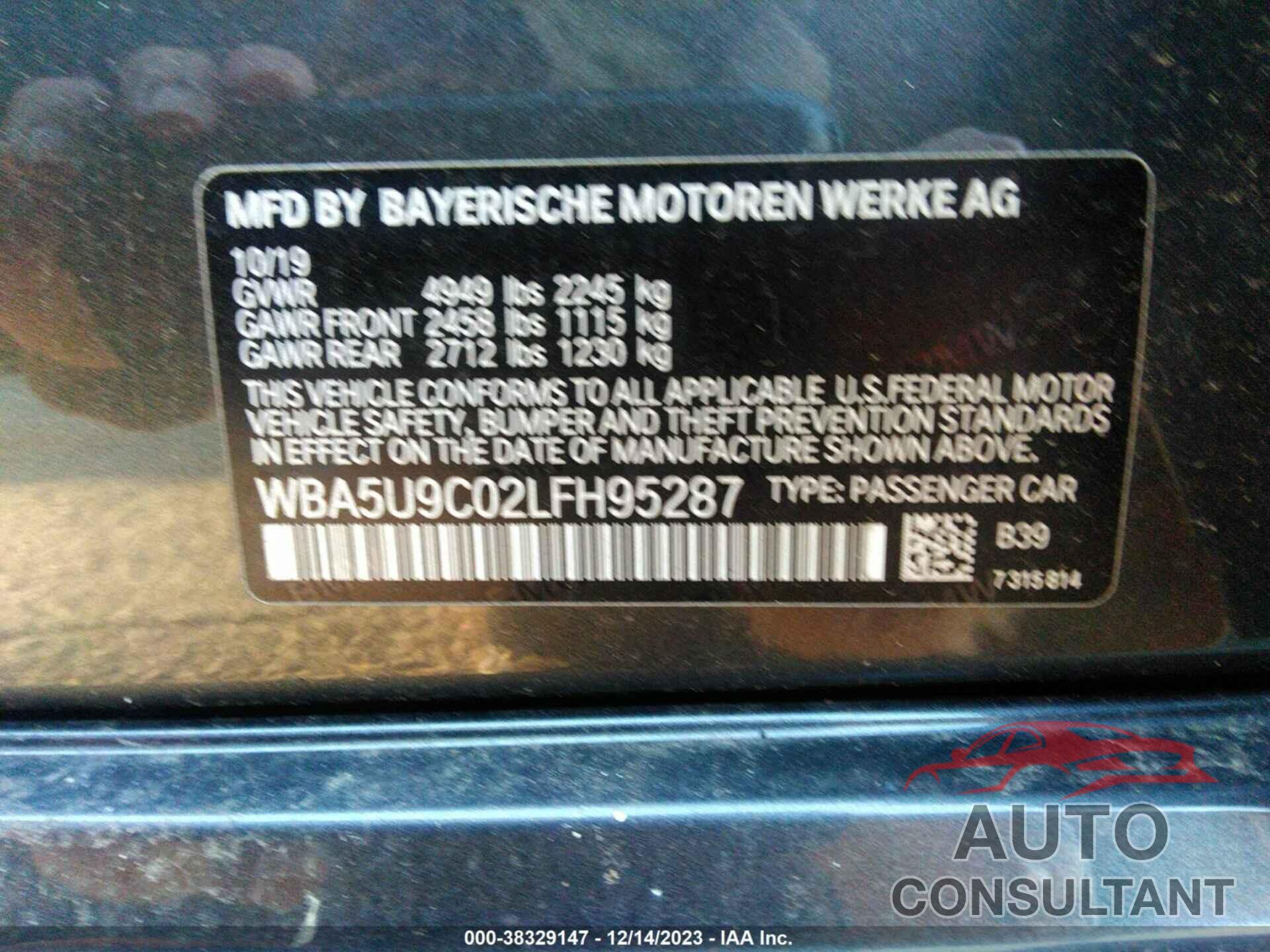 BMW 3 SERIES 2020 - WBA5U9C02LFH95287