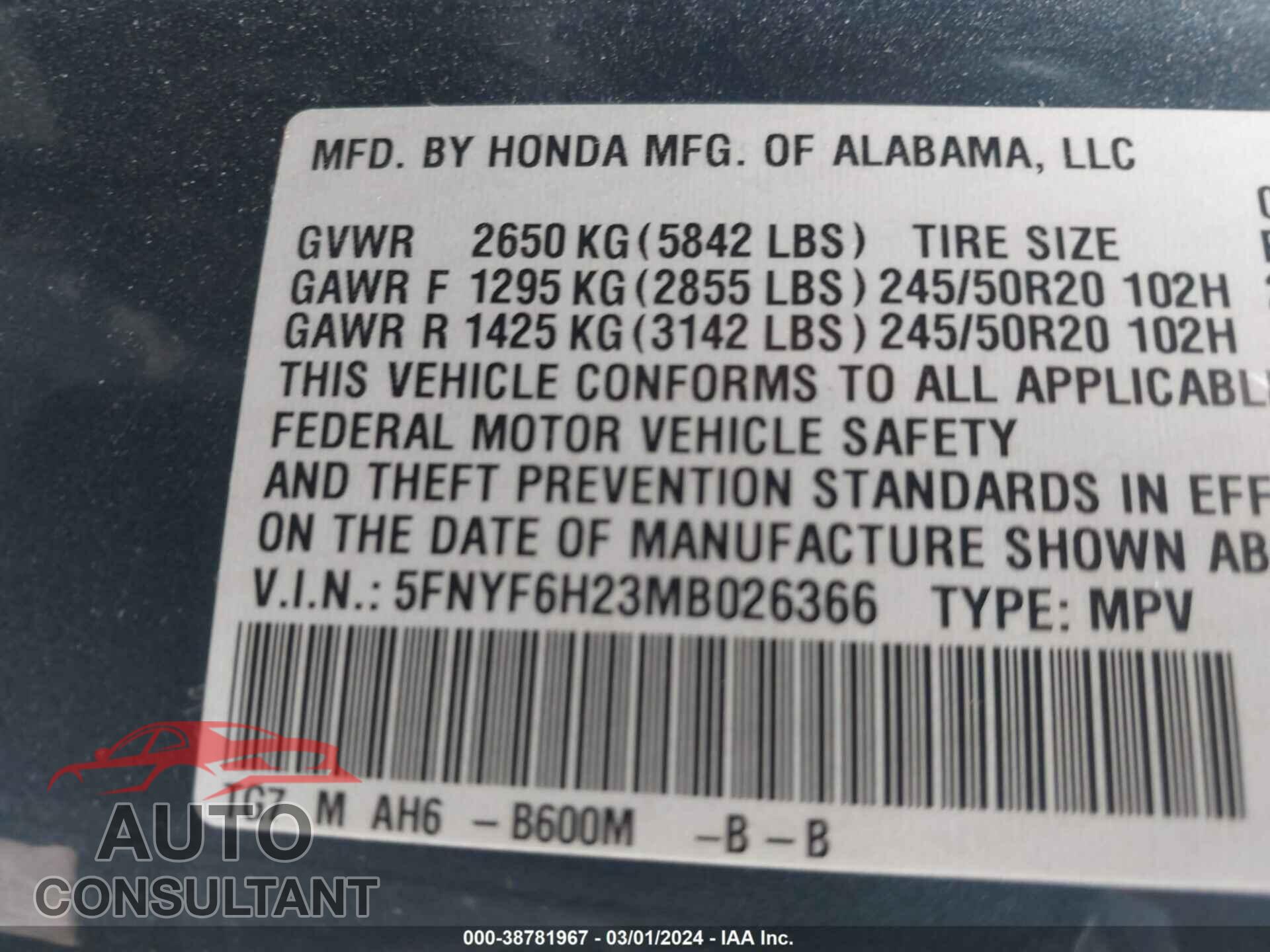 HONDA PILOT 2021 - 5FNYF6H23MB026366