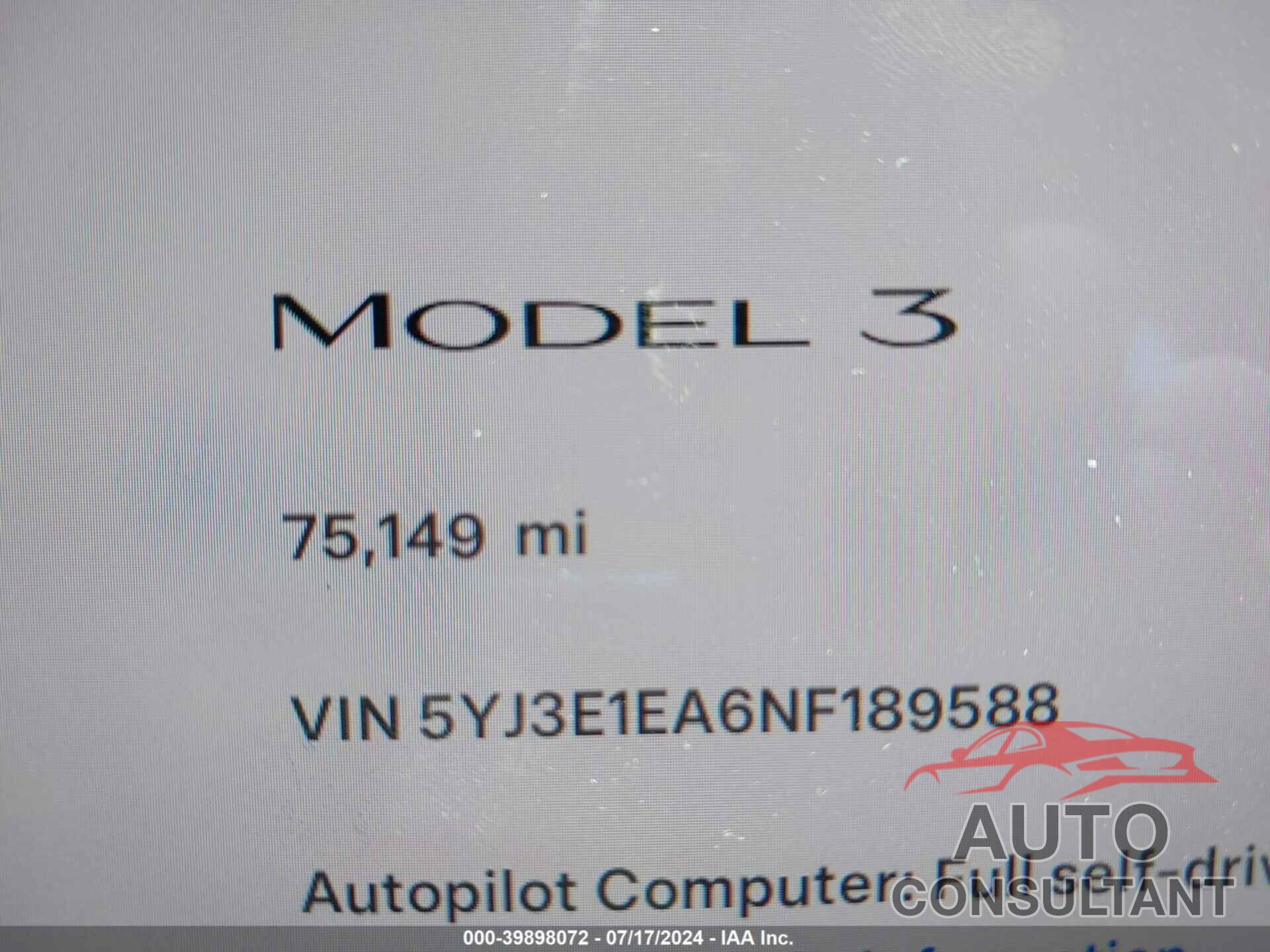 TESLA MODEL 3 2022 - 5YJ3E1EA6NF189588
