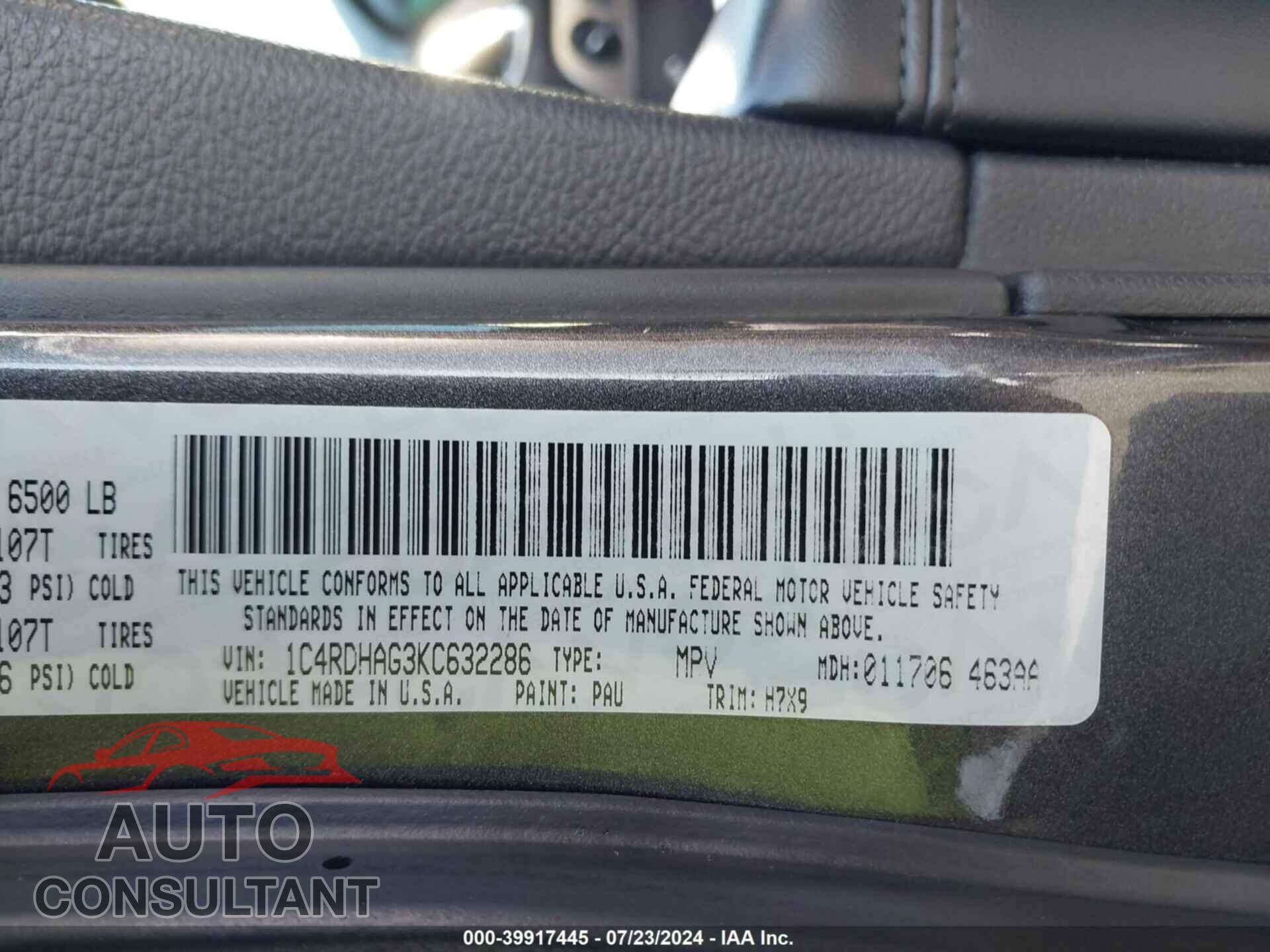 DODGE DURANGO 2019 - 1C4RDHAG3KC632286
