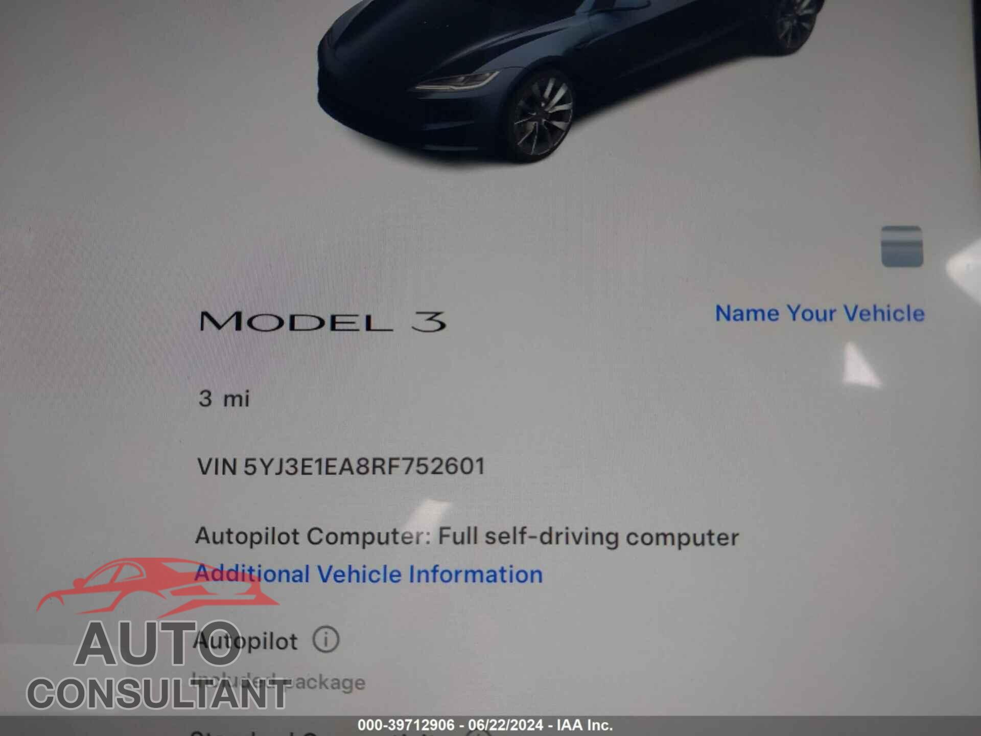 TESLA MODEL 3 2024 - 5YJ3E1EA8RF752601