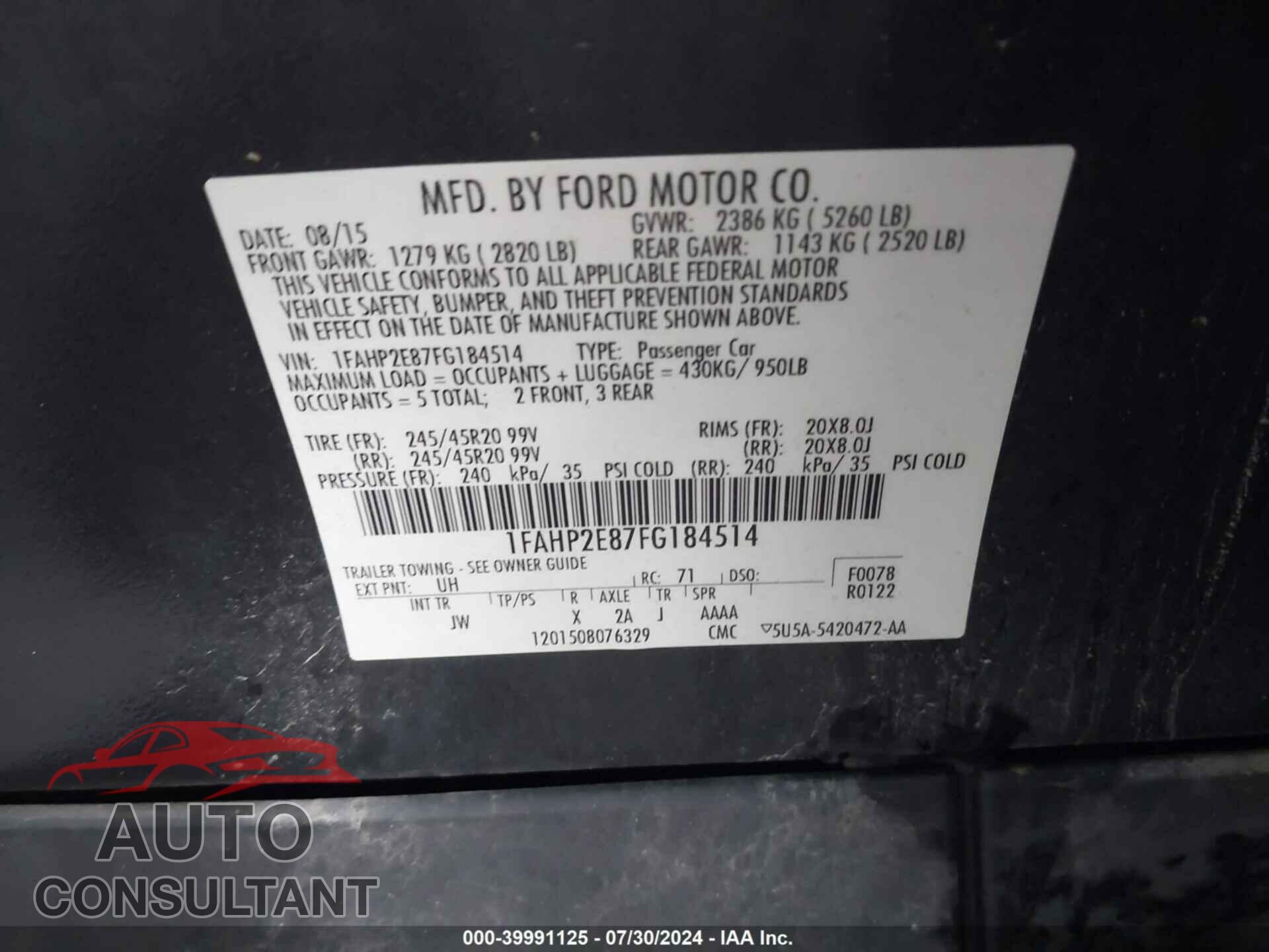 FORD TAURUS 2015 - 1FAHP2E87FG184514