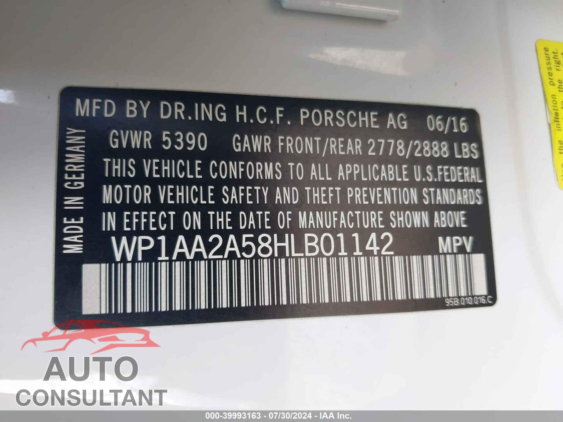PORSCHE MACAN 2017 - WP1AA2A58HLB01142
