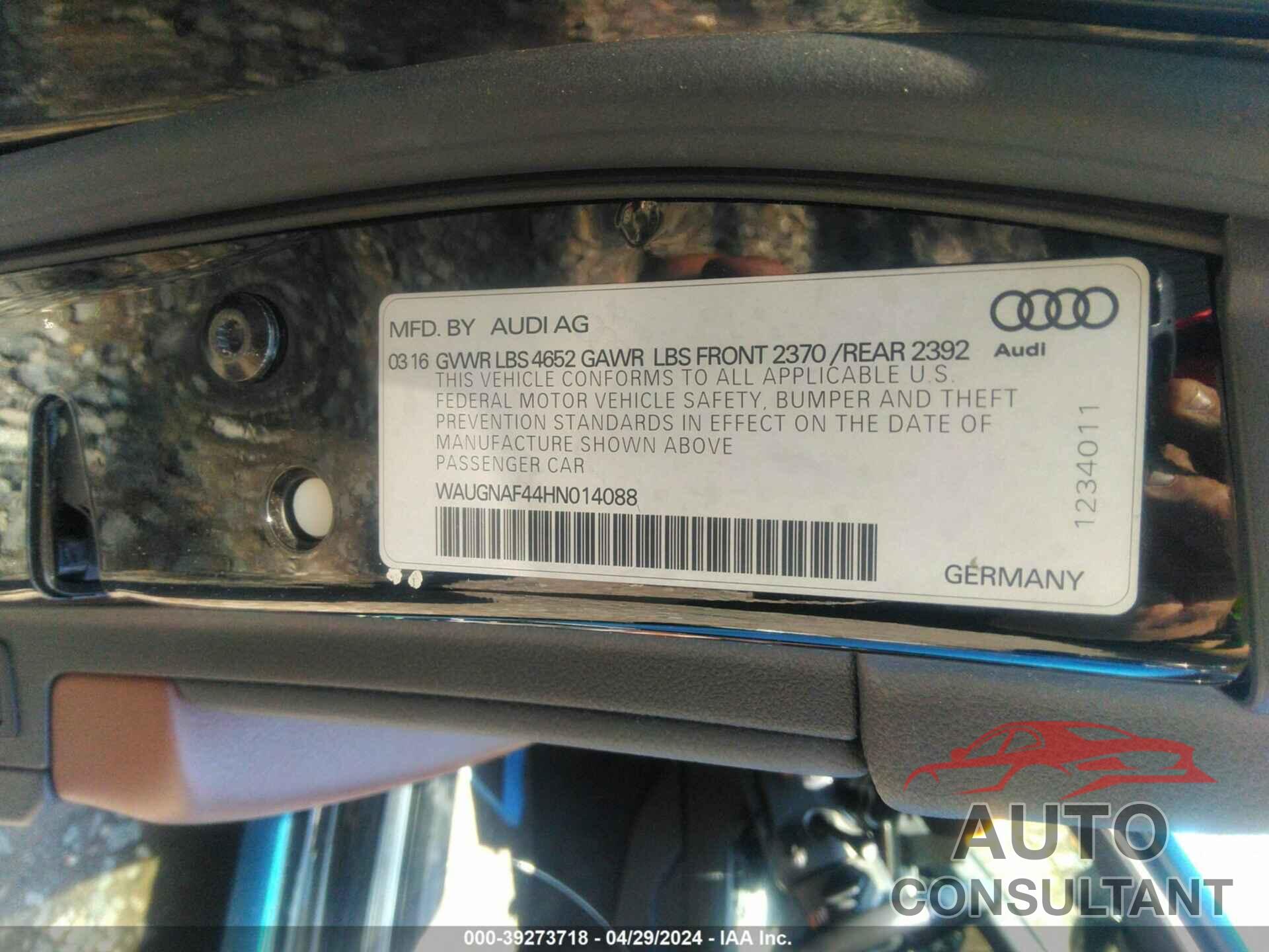 AUDI A4 2017 - WAUGNAF44HN014088