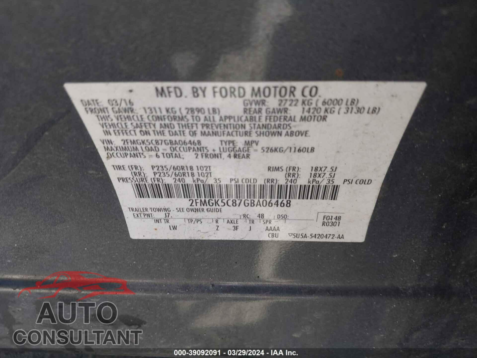 FORD FLEX 2016 - 2FMGK5C87GBA06468