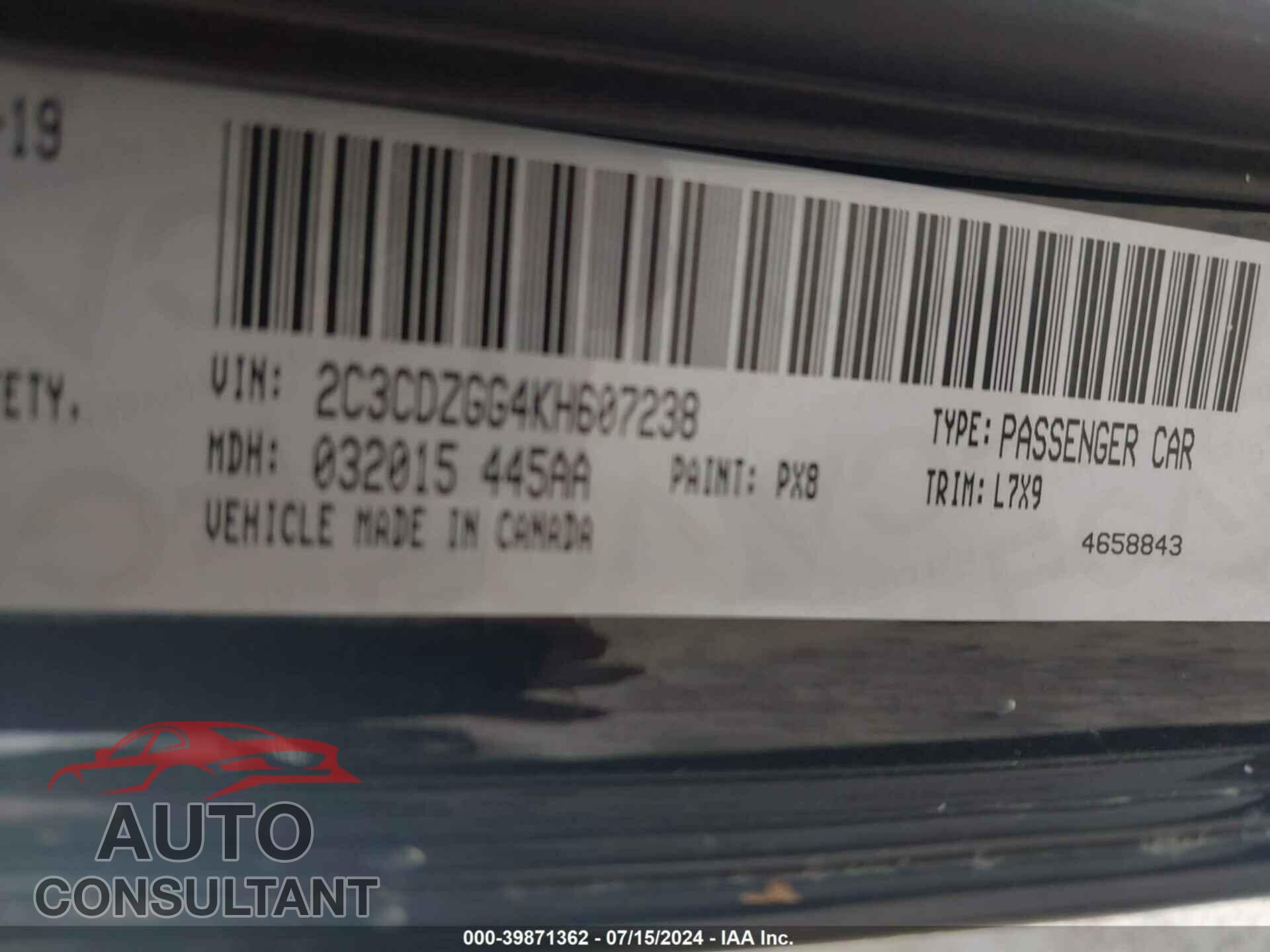 DODGE CHALLENGER 2019 - 2C3CDZGG4KH607238