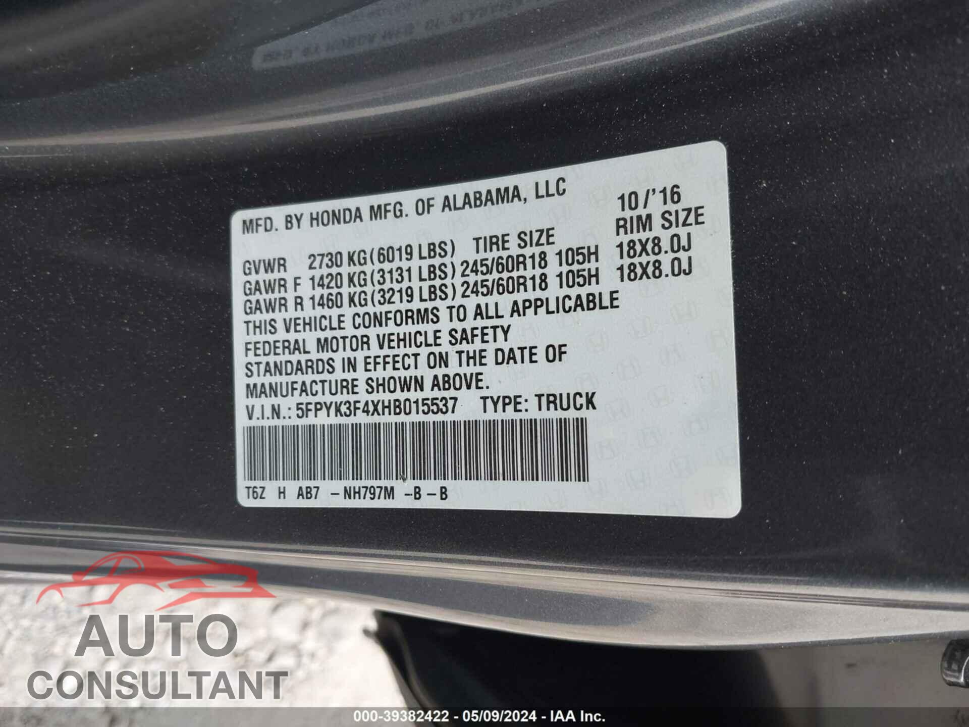 HONDA RIDGELINE 2017 - 5FPYK3F4XHB015537