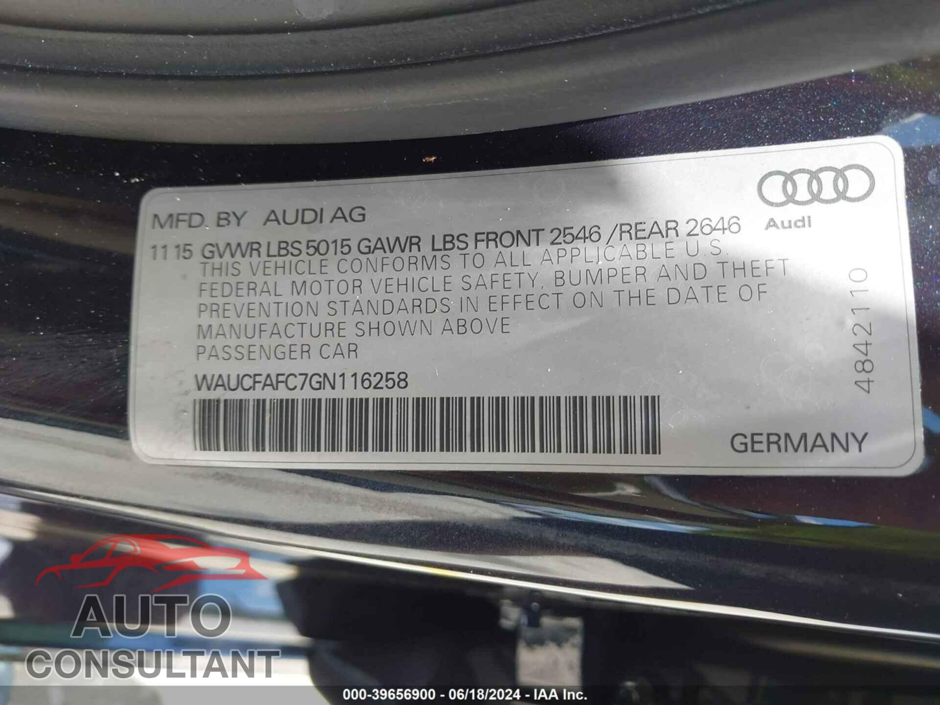 AUDI A6 2016 - WAUCFAFC7GN116258