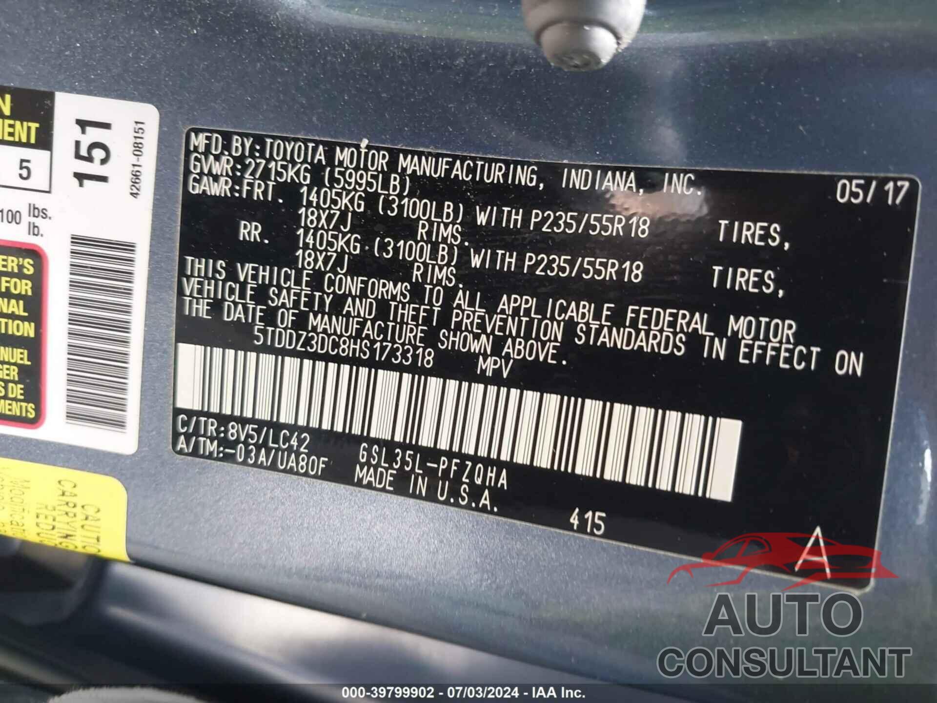 TOYOTA SIENNA 2017 - 5TDDZ3DC8HS173318