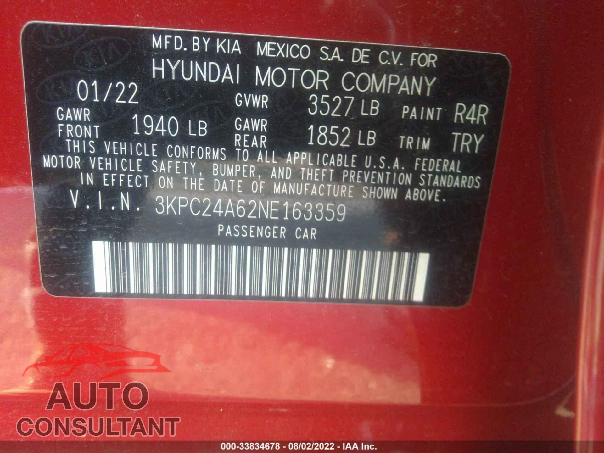 HYUNDAI ACCENT 2022 - 3KPC24A62NE163359