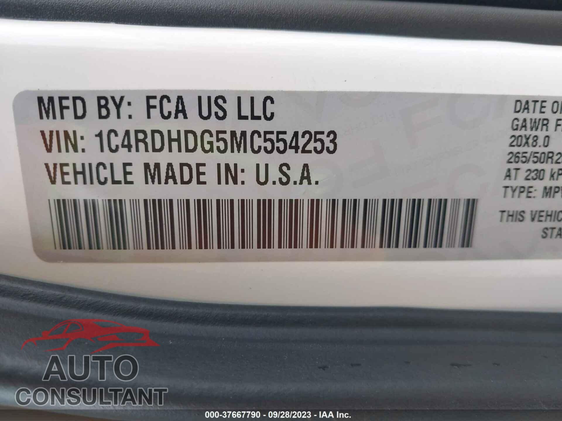 DODGE DURANGO 2021 - 1C4RDHDG5MC554253