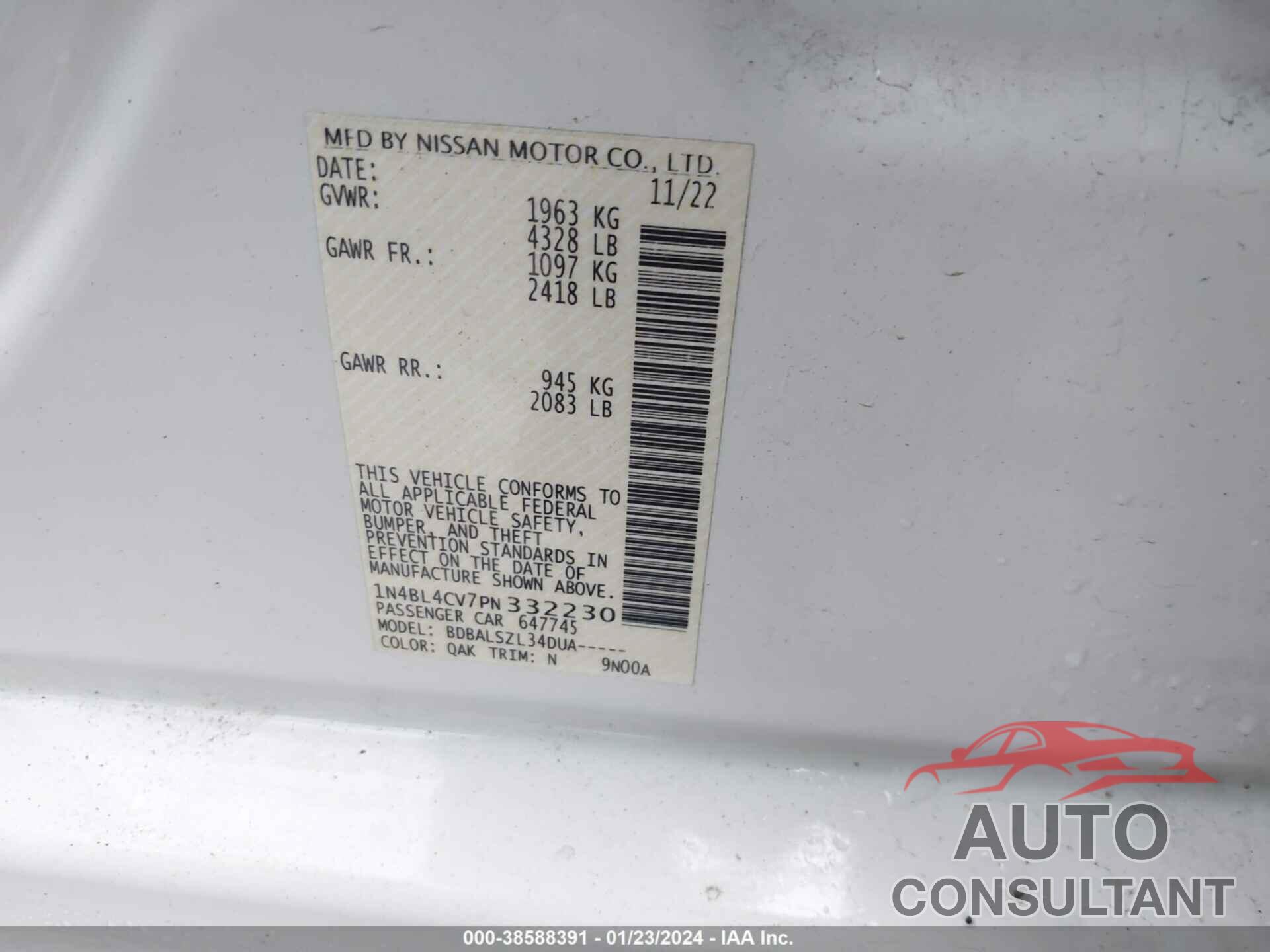 NISSAN ALTIMA 2023 - 1N4BL4CV7PN332230