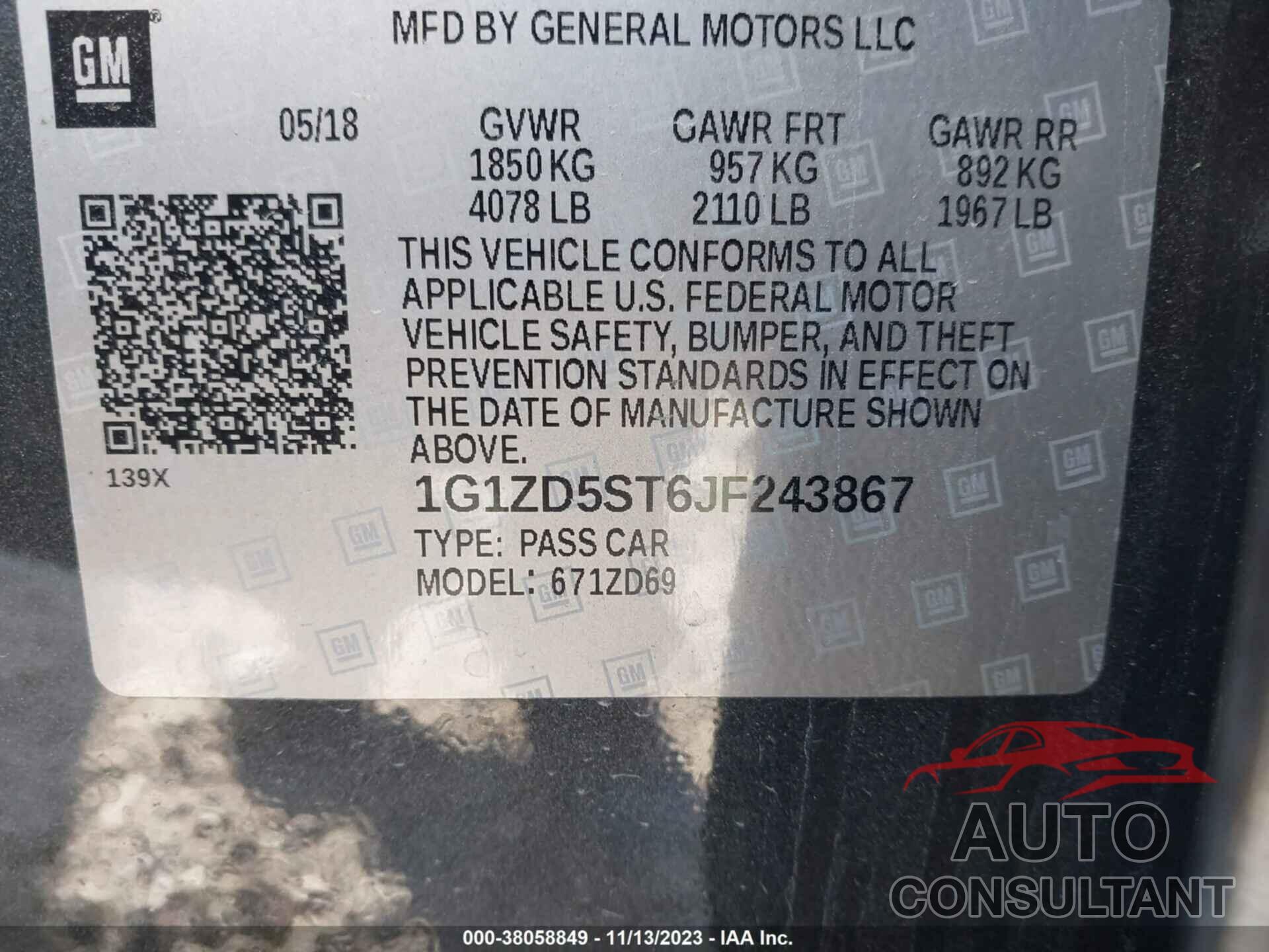 CHEVROLET MALIBU 2018 - 1G1ZD5ST6JF243867