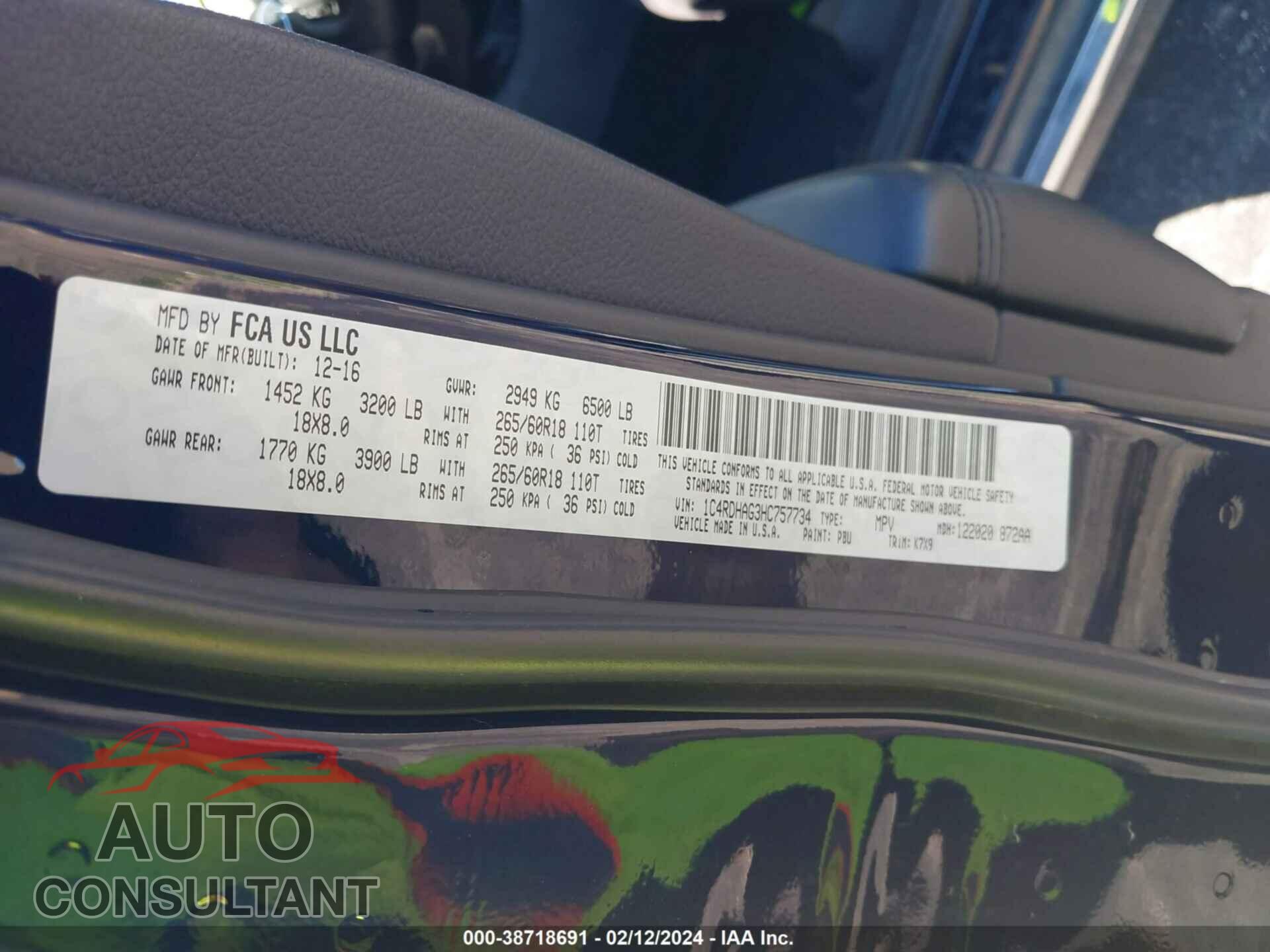 DODGE DURANGO 2017 - 1C4RDHAG3HC757734