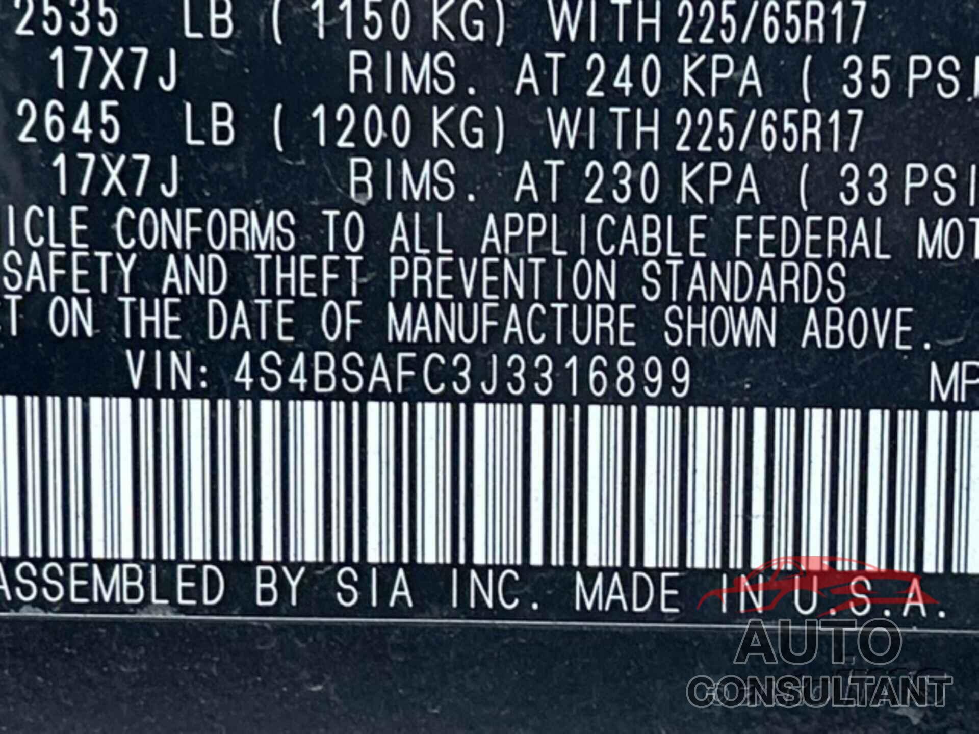 SUBARU OUTBACK 2018 - 4S4BSAFC3J3316899