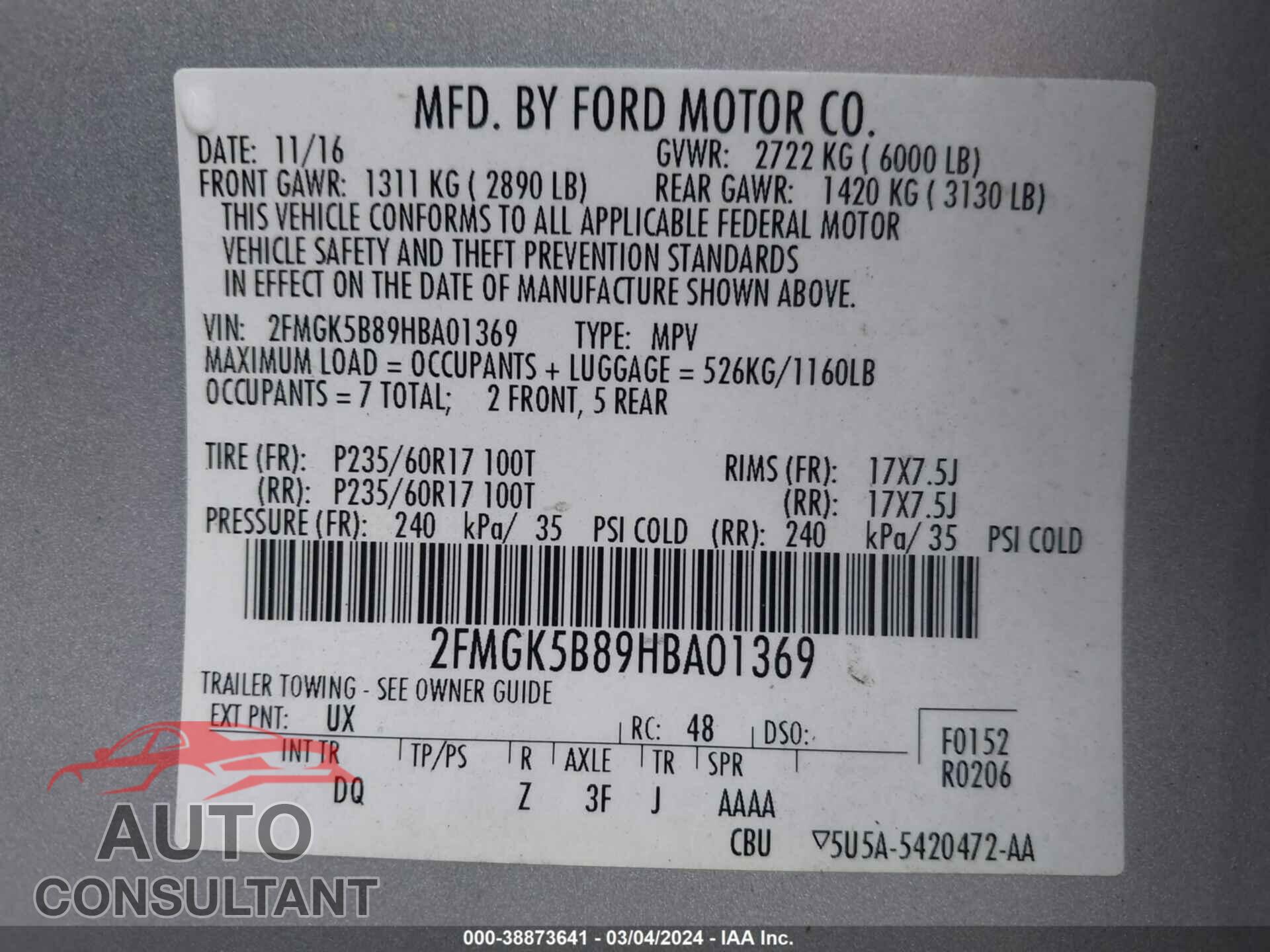 FORD FLEX 2017 - 2FMGK5B89HBA01369