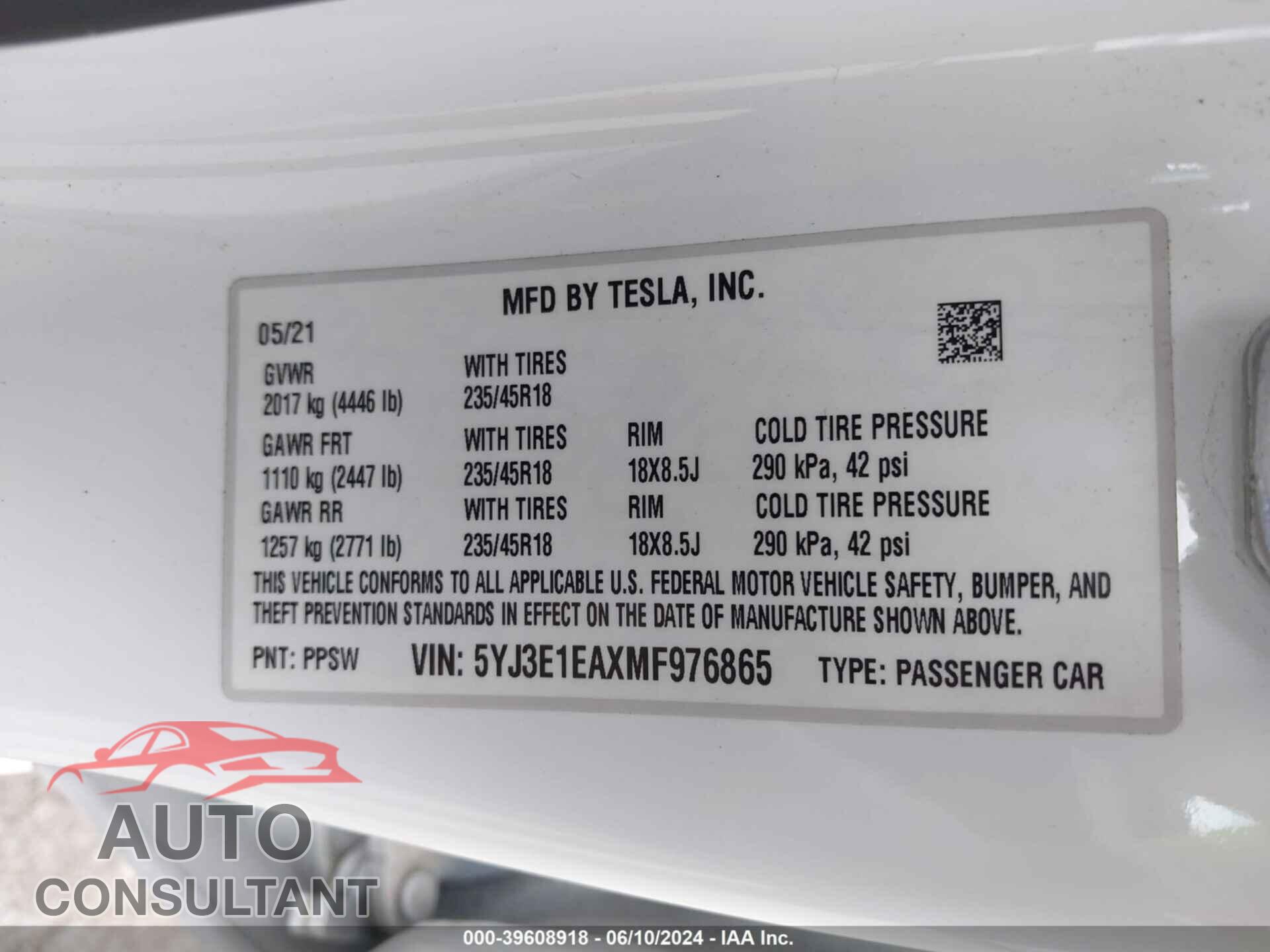 TESLA MODEL 3 2021 - 5YJ3E1EAXMF976865