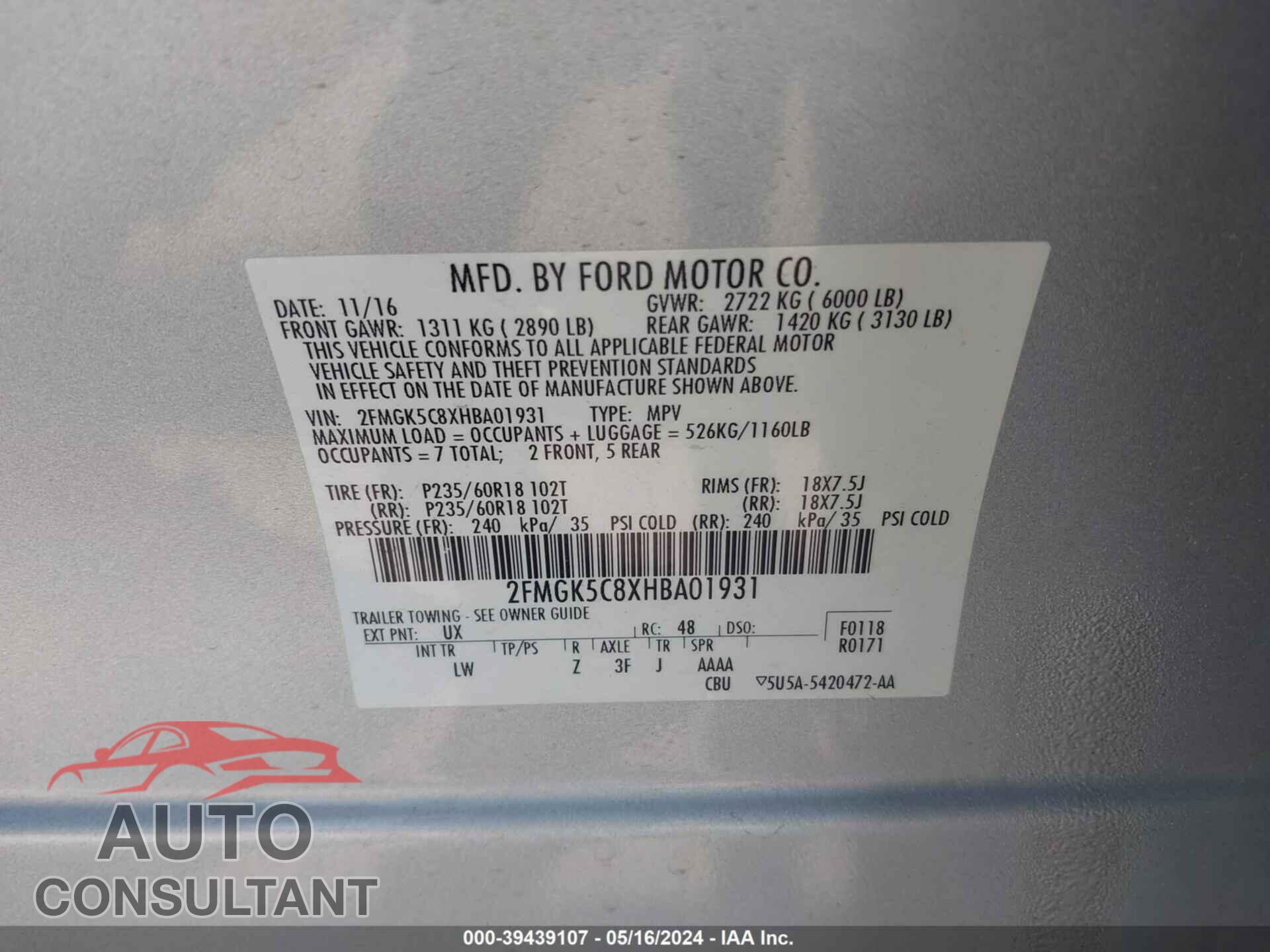 FORD FLEX 2017 - 2FMGK5C8XHBA01931