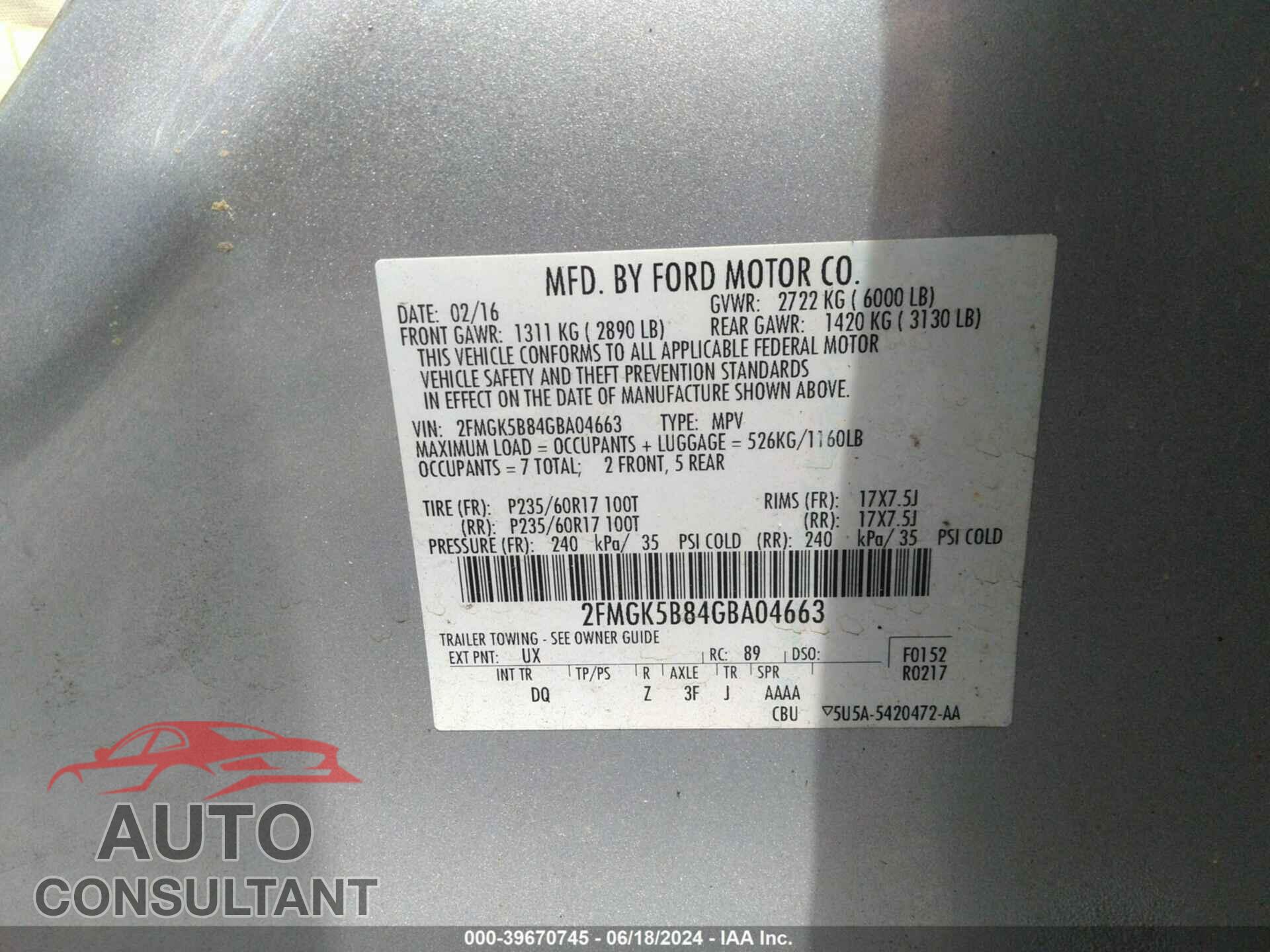 FORD FLEX 2016 - 2FMGK5B84GBA04663