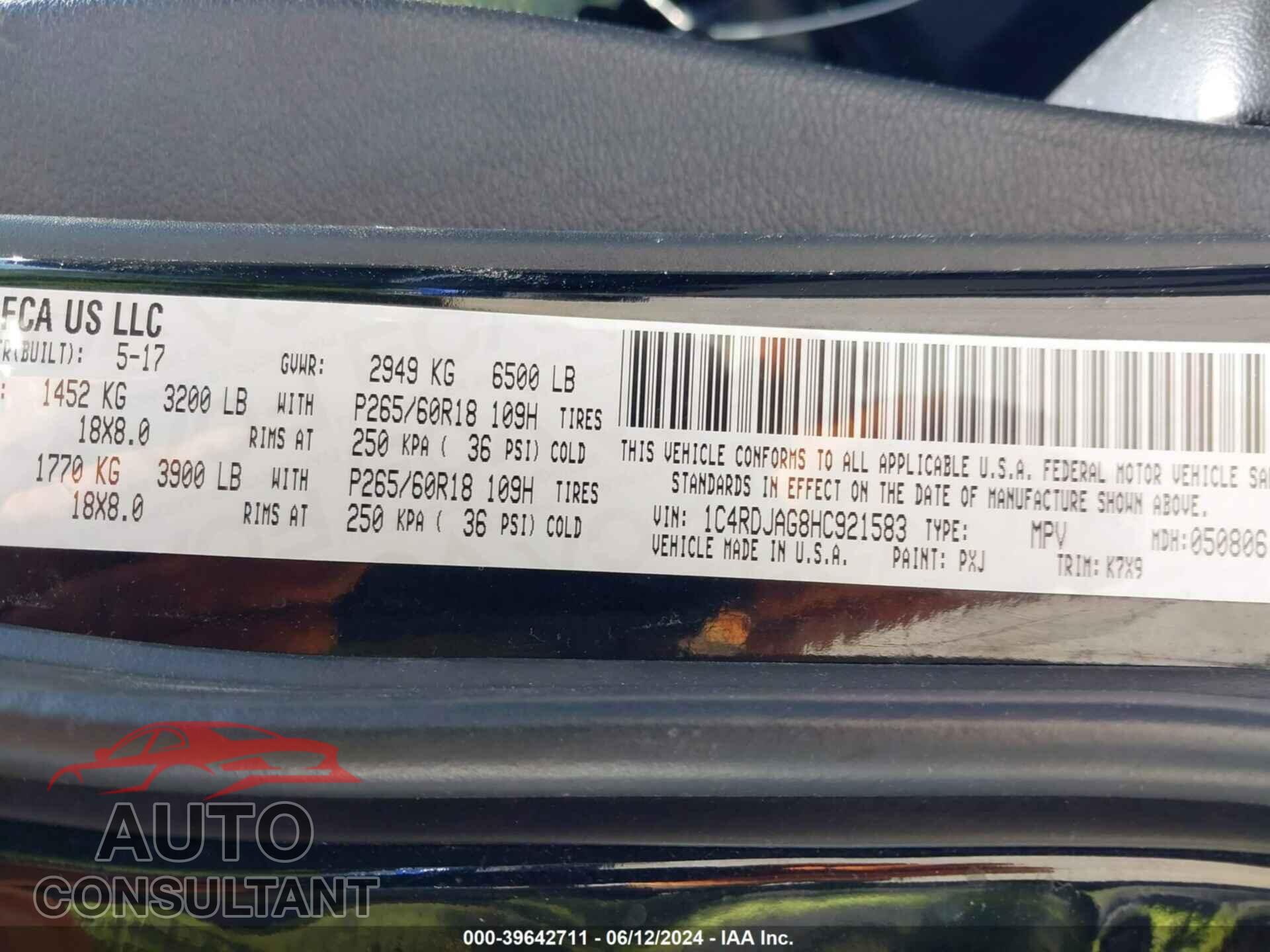 DODGE DURANGO 2017 - 1C4RDJAG8HC921583