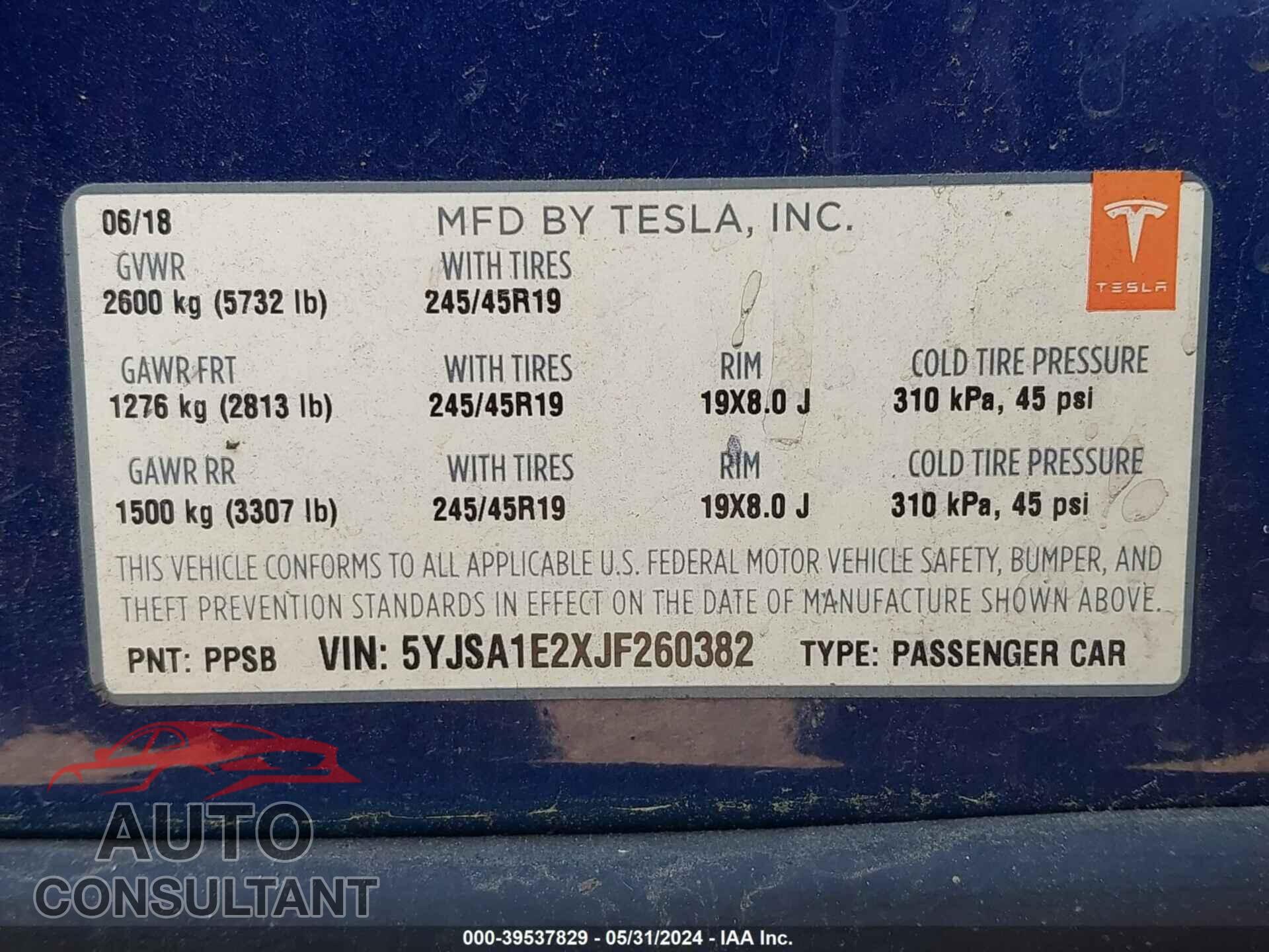 TESLA MODEL S 2018 - 5YJSA1E2XJF260382