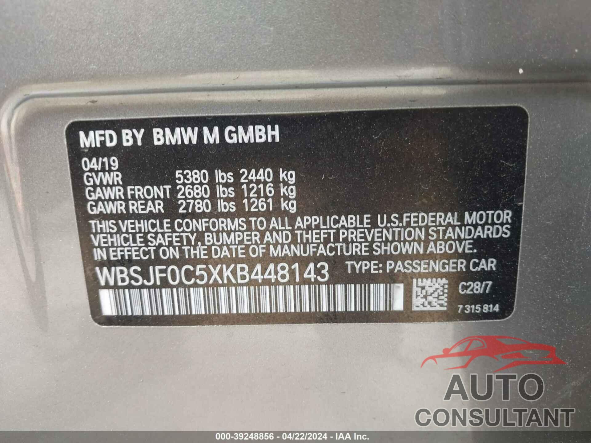BMW M5 2019 - WBSJF0C5XKB448143