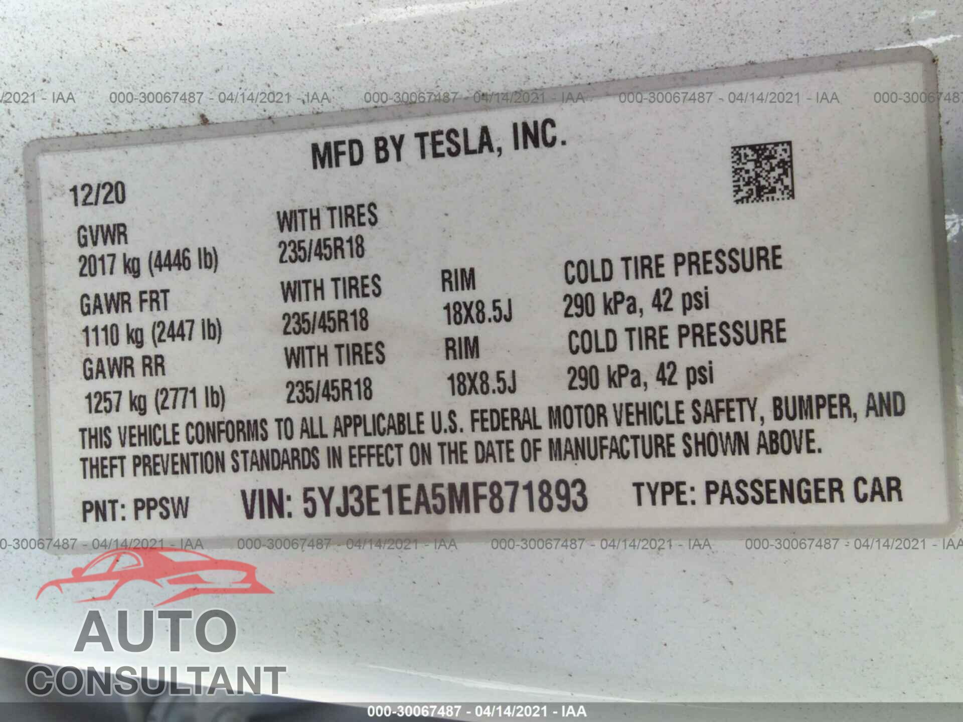TESLA MODEL 3 2021 - 5YJ3E1EA5MF871893