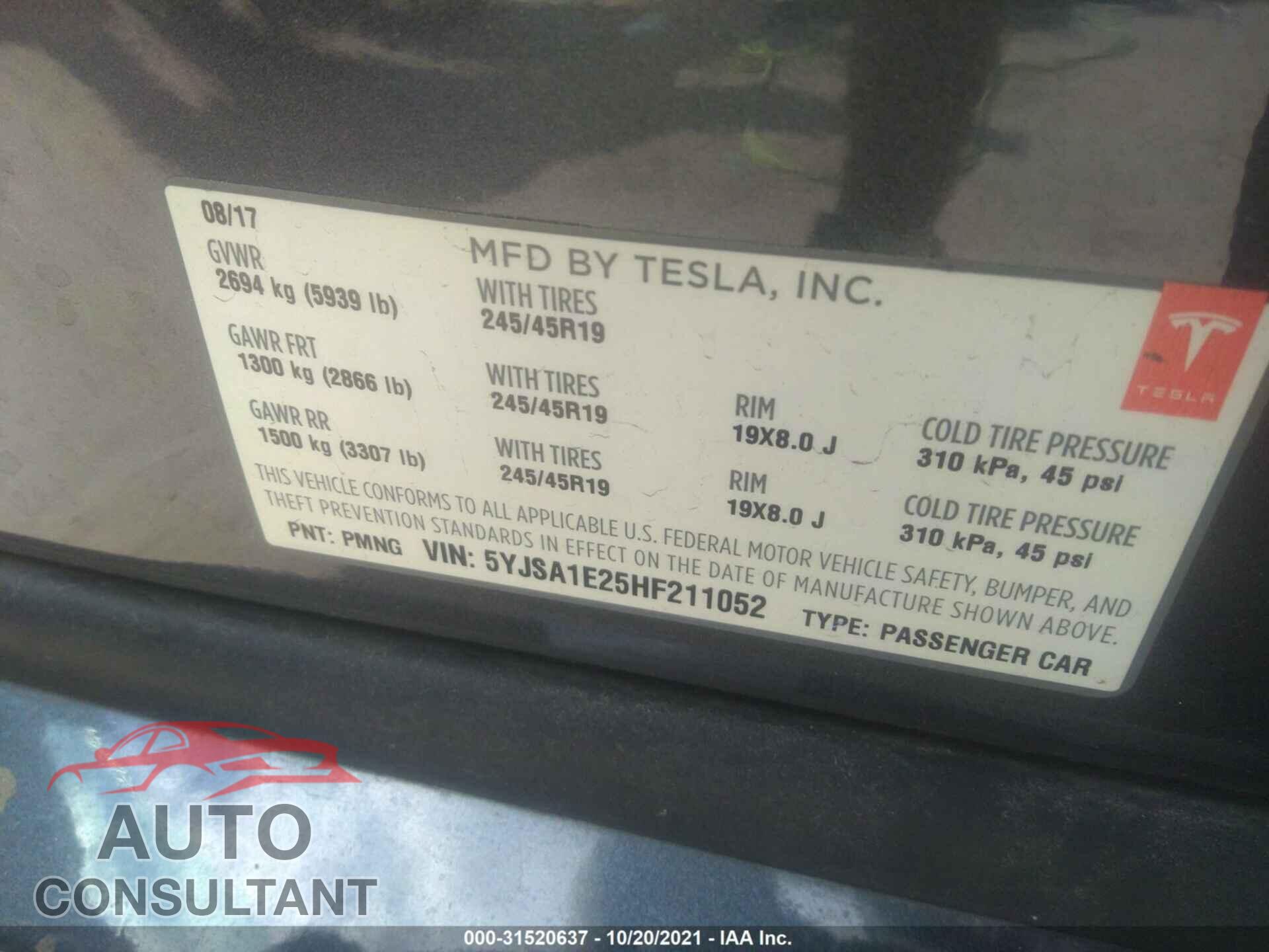 TESLA MODEL S 2017 - 5YJSA1E25HF211052