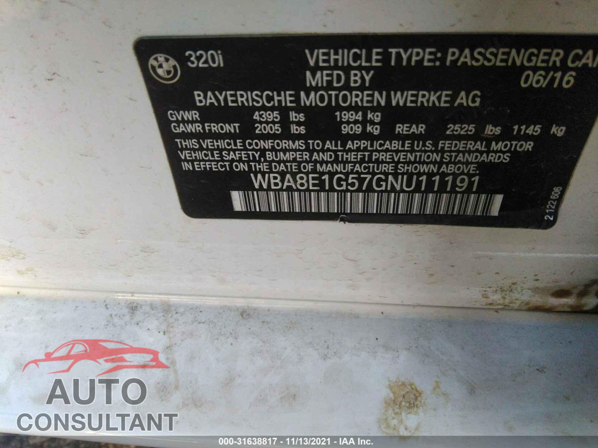 BMW 3 SERIES 2016 - WBA8E1G57GNU11191