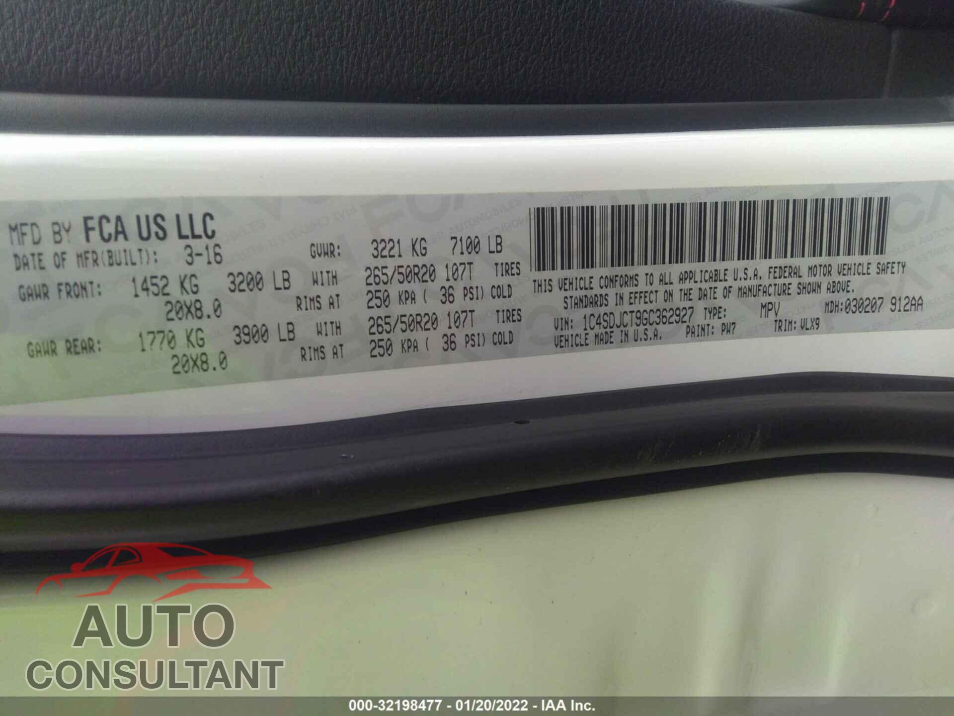 DODGE DURANGO 2016 - 1C4SDJCT9GC362927