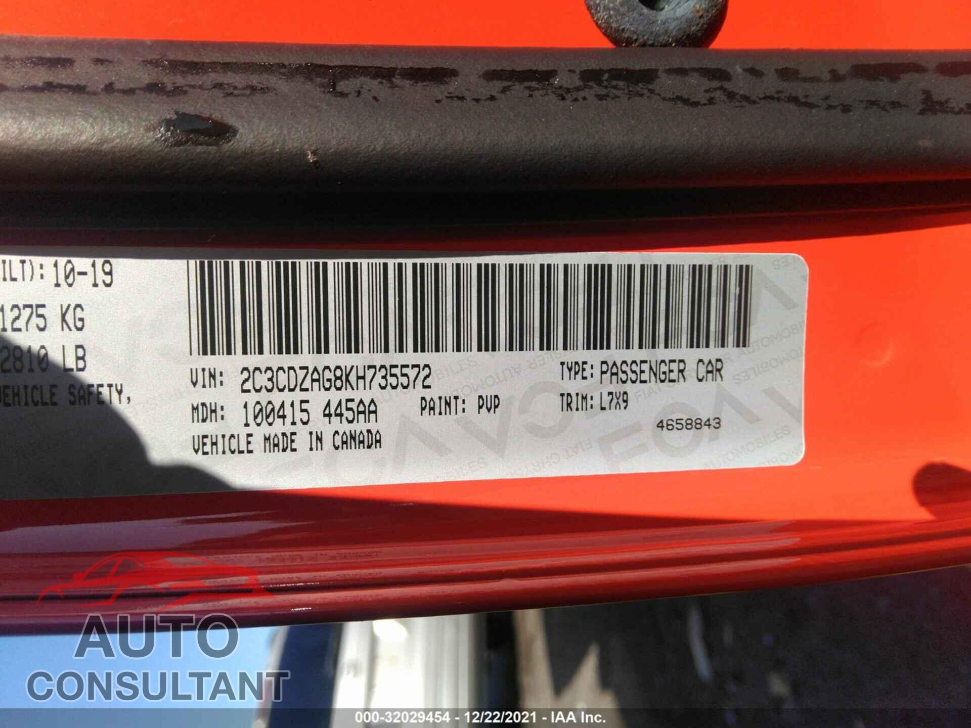 DODGE CHALLENGER 2019 - 2C3CDZAG8KH735572