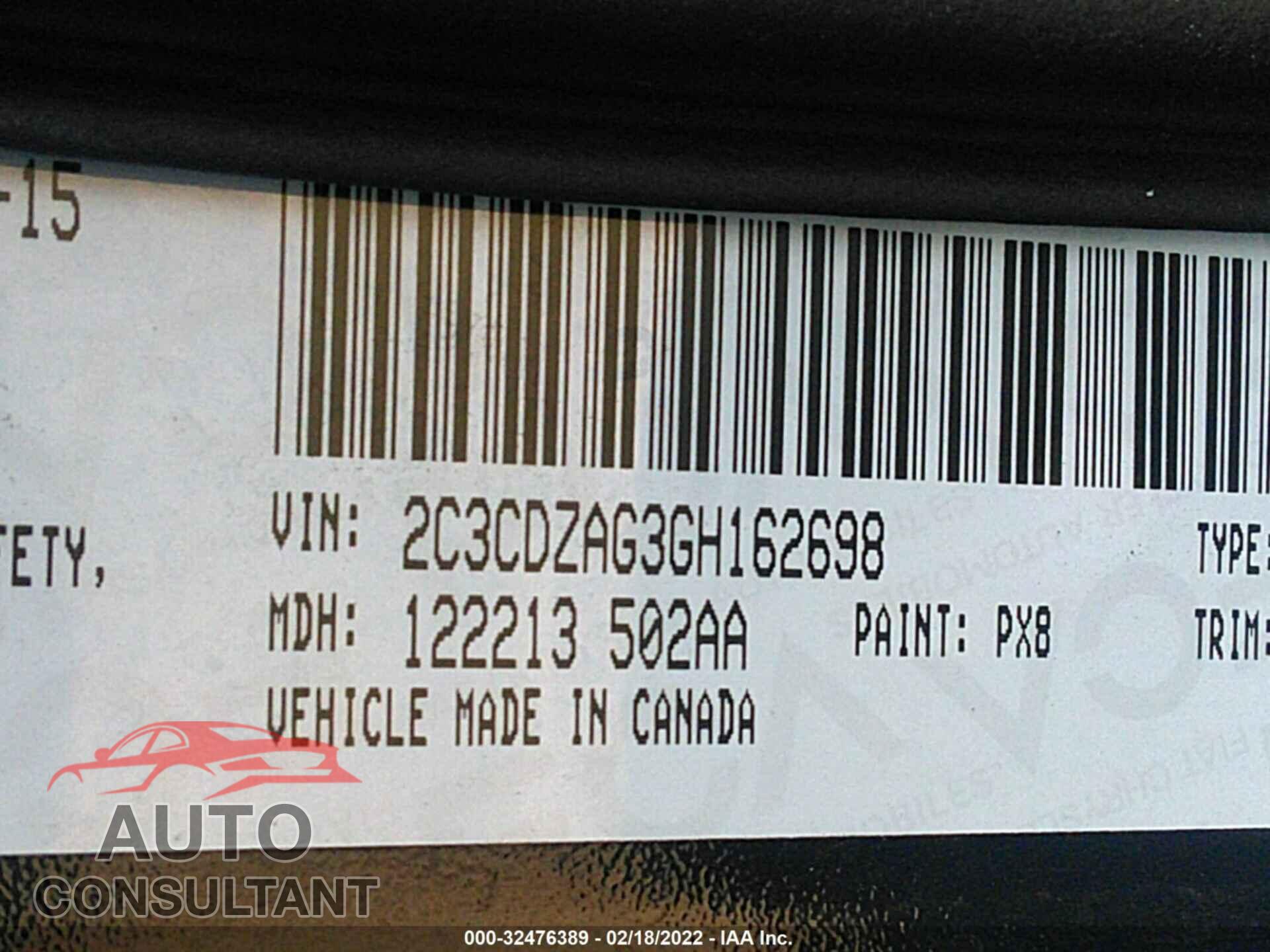 DODGE CHALLENGER 2016 - 2C3CDZAG3GH162698