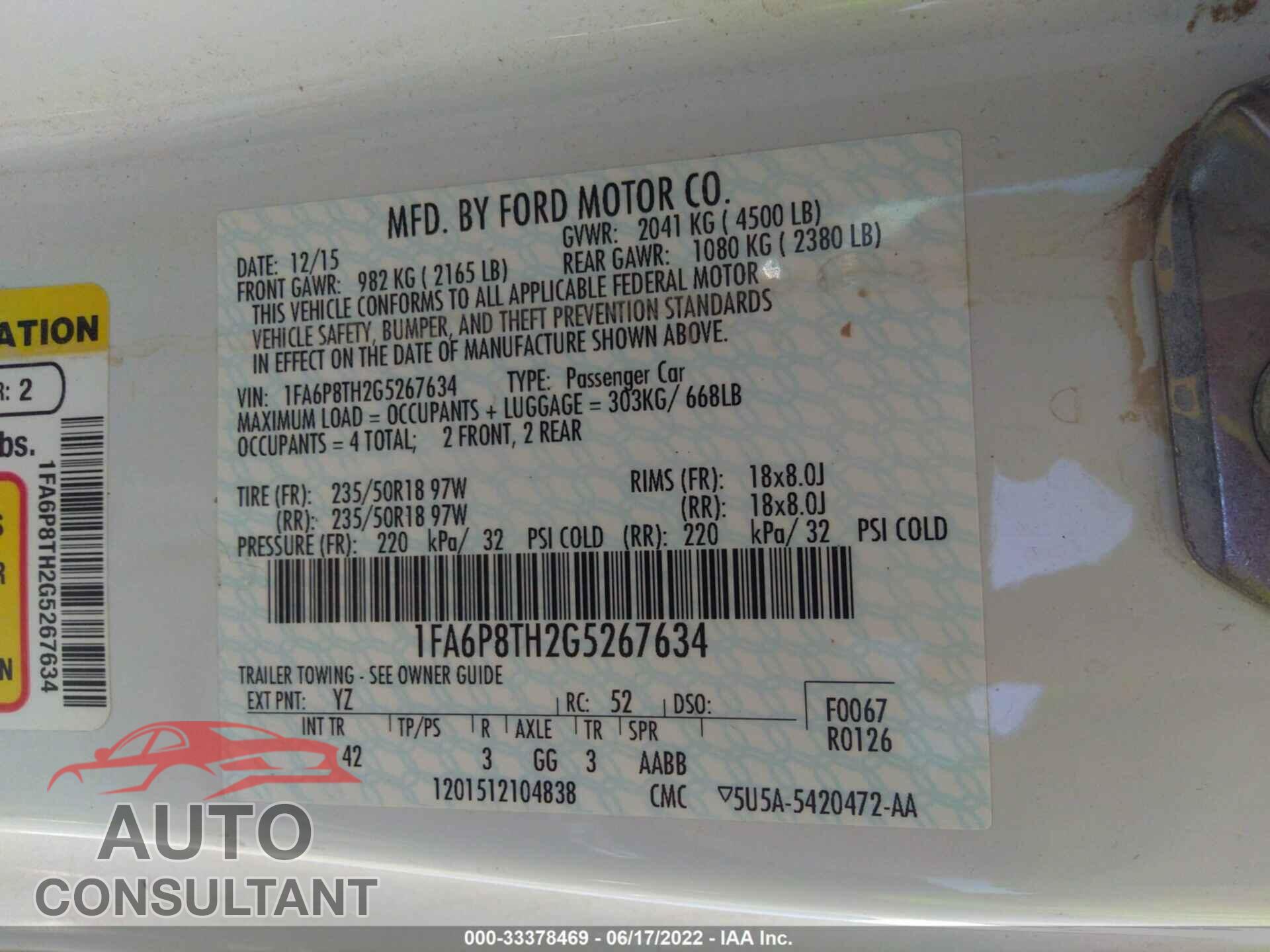 FORD MUSTANG 2016 - 1FA6P8TH2G5267634