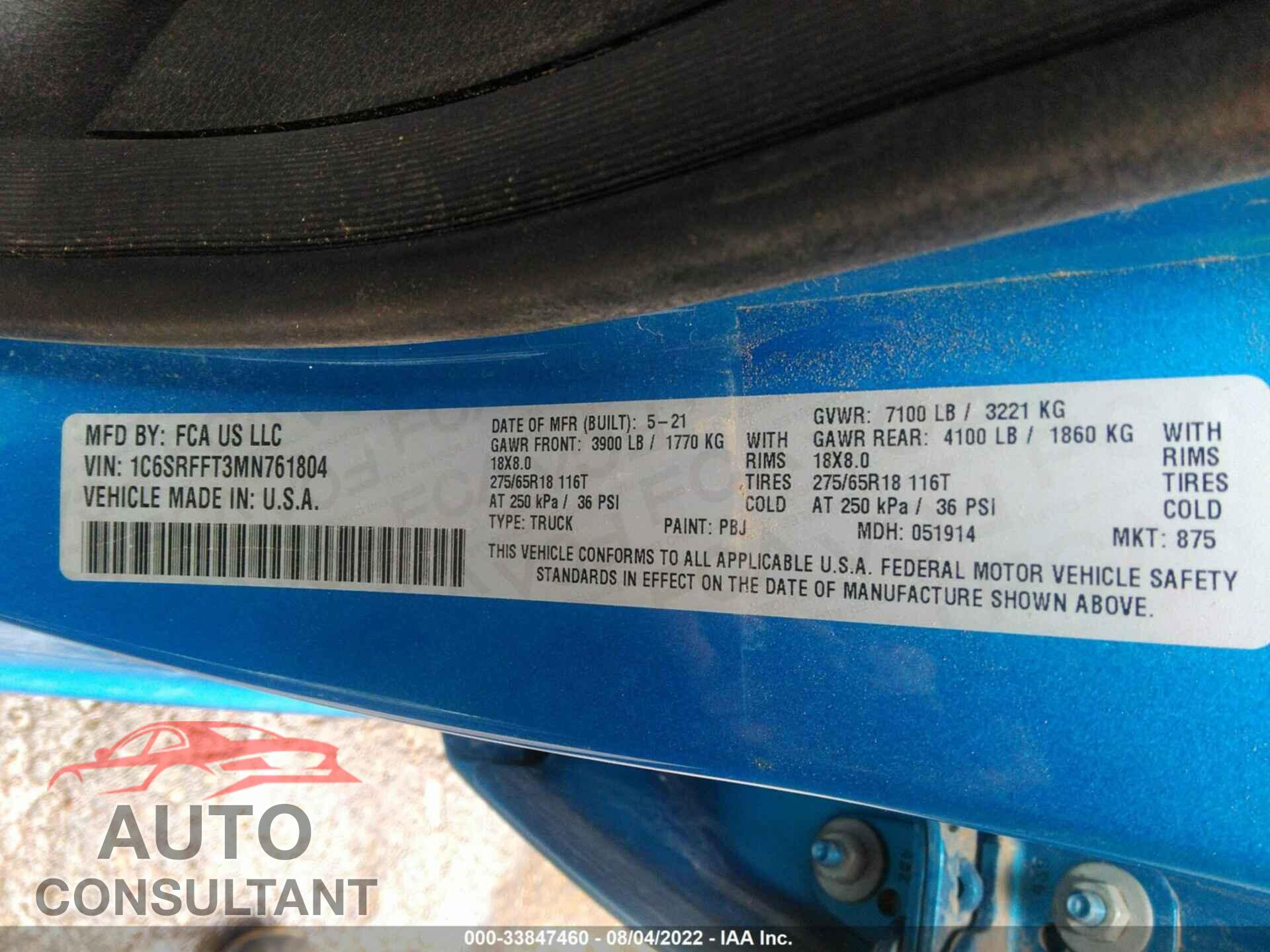 RAM 1500 2021 - 1C6SRFFT3MN761804