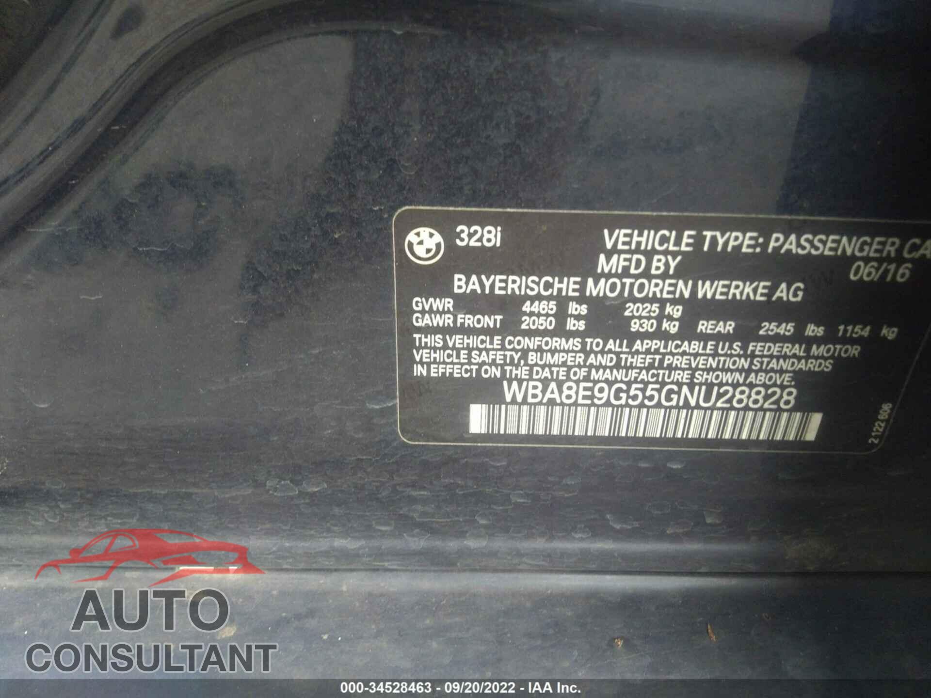 BMW 3 SERIES 2016 - WBA8E9G55GNU28828