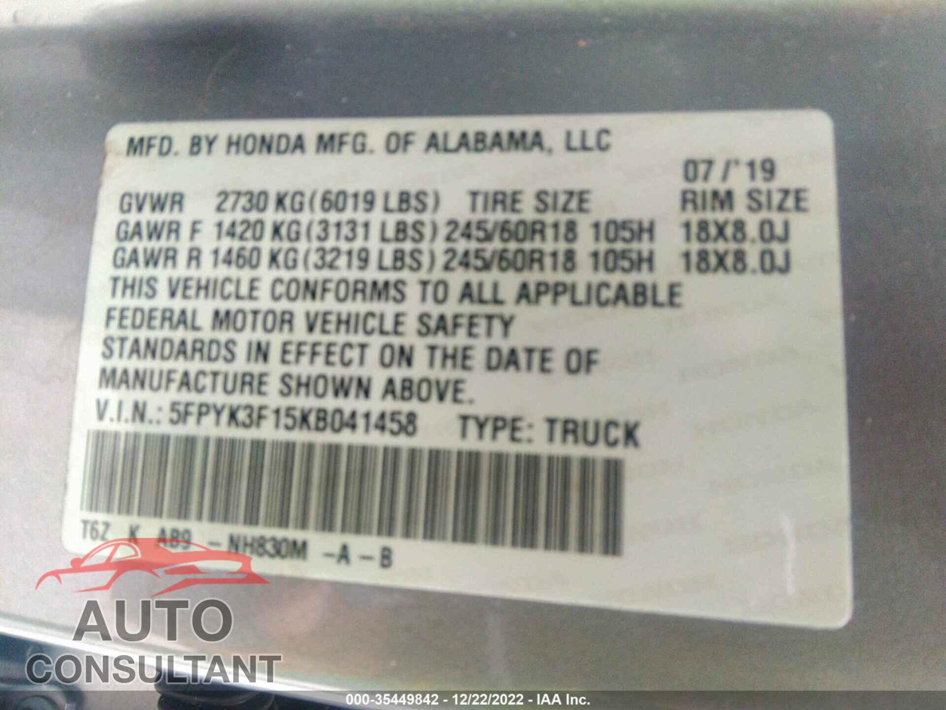 HONDA RIDGELINE 2019 - 5FPYK3F15KB041458