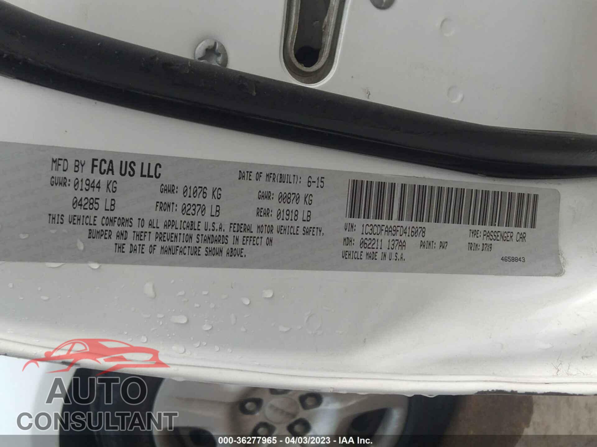 DODGE DART 2015 - 1C3CDFAA9FD416078