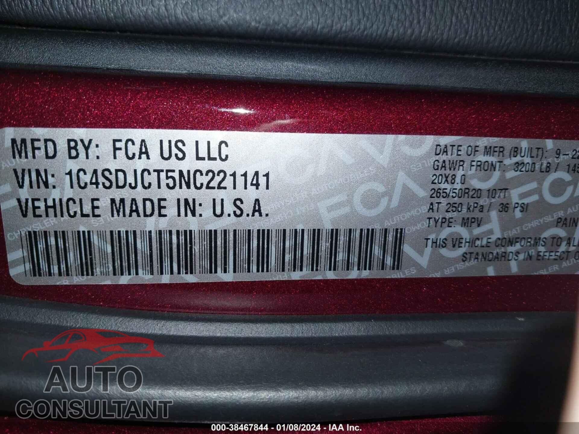 DODGE DURANGO 2022 - 1C4SDJCT5NC221141