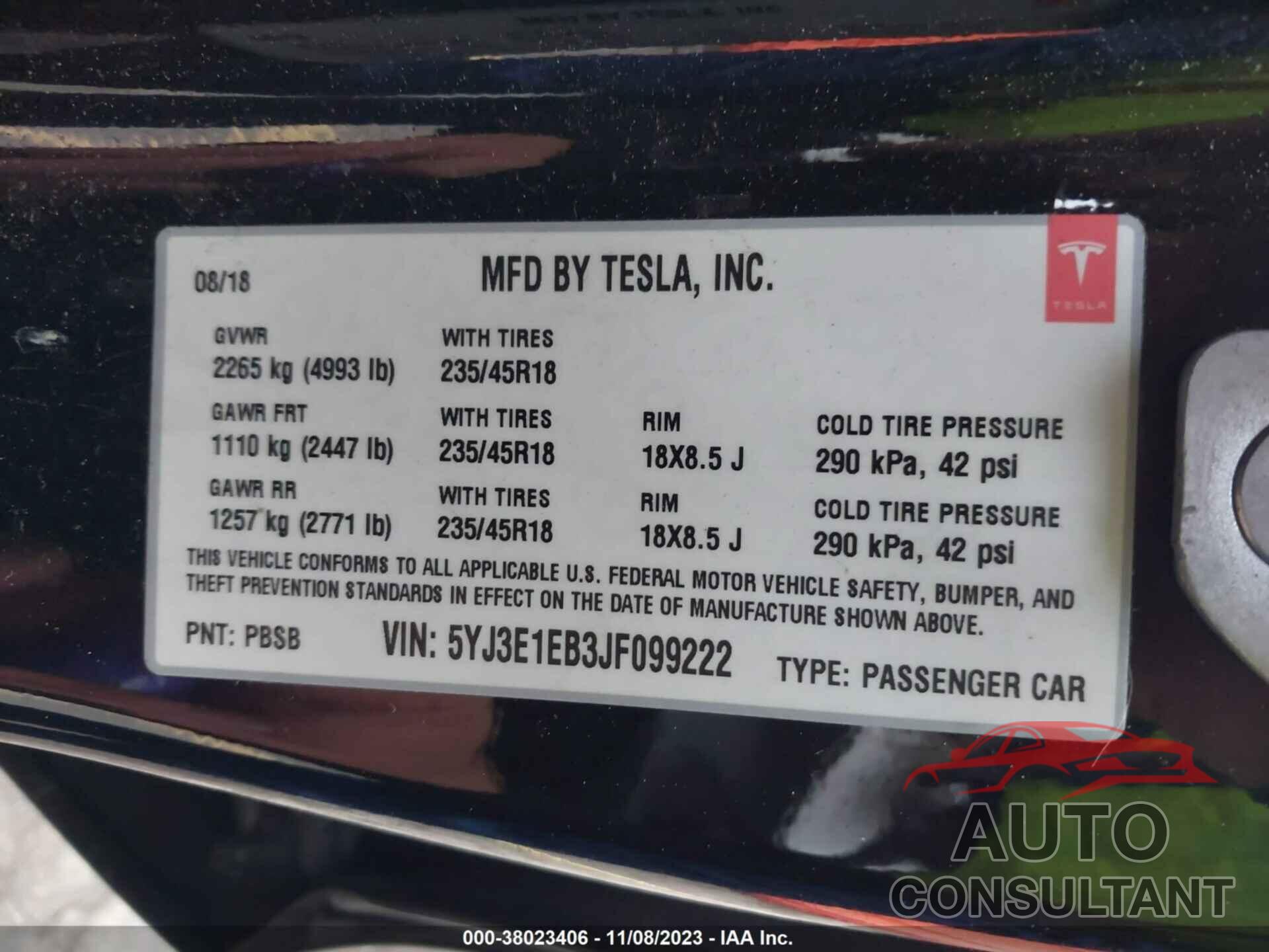 TESLA MODEL 3 2018 - 5YJ3E1EB3JF099222