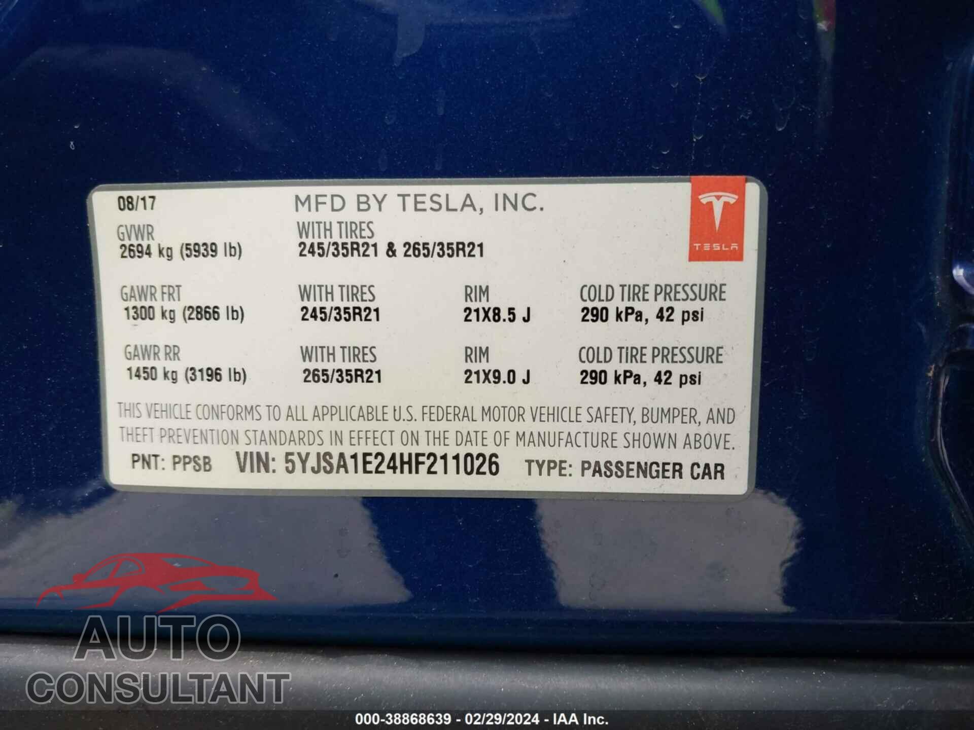 TESLA MODEL S 2017 - 5YJSA1E24HF211026