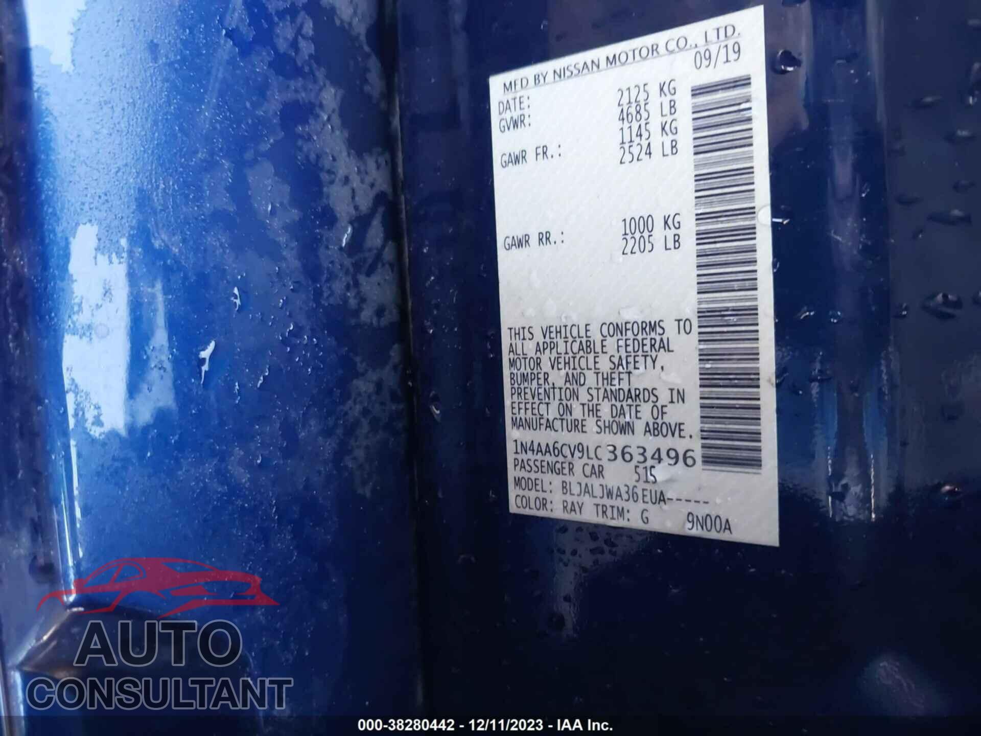 NISSAN MAXIMA 2020 - 1N4AA6CV9LC363496