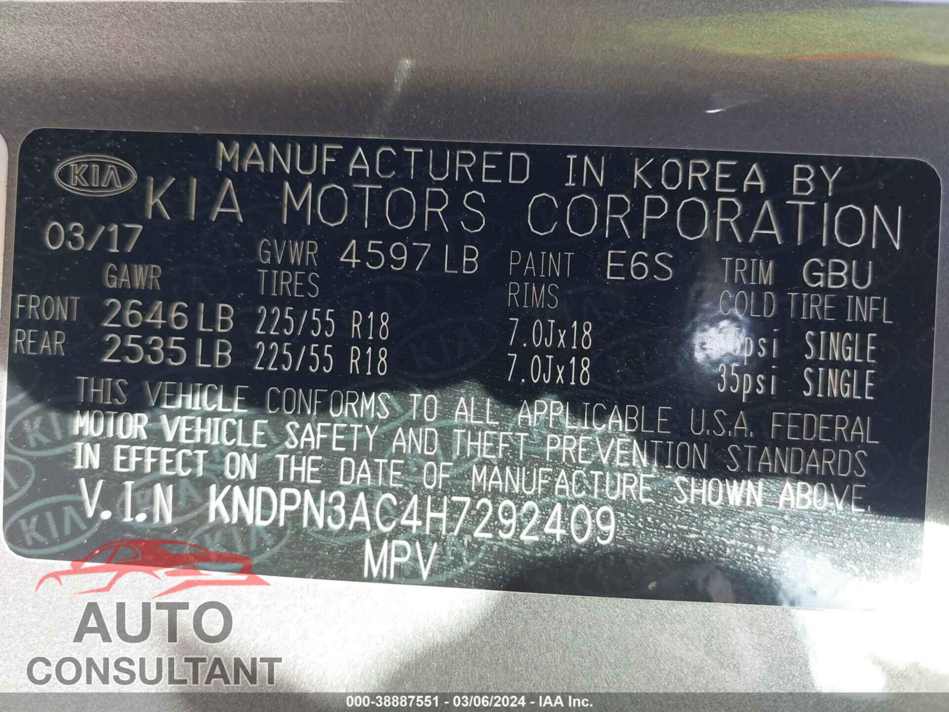 KIA SPORTAGE 2017 - KNDPN3AC4H7292409