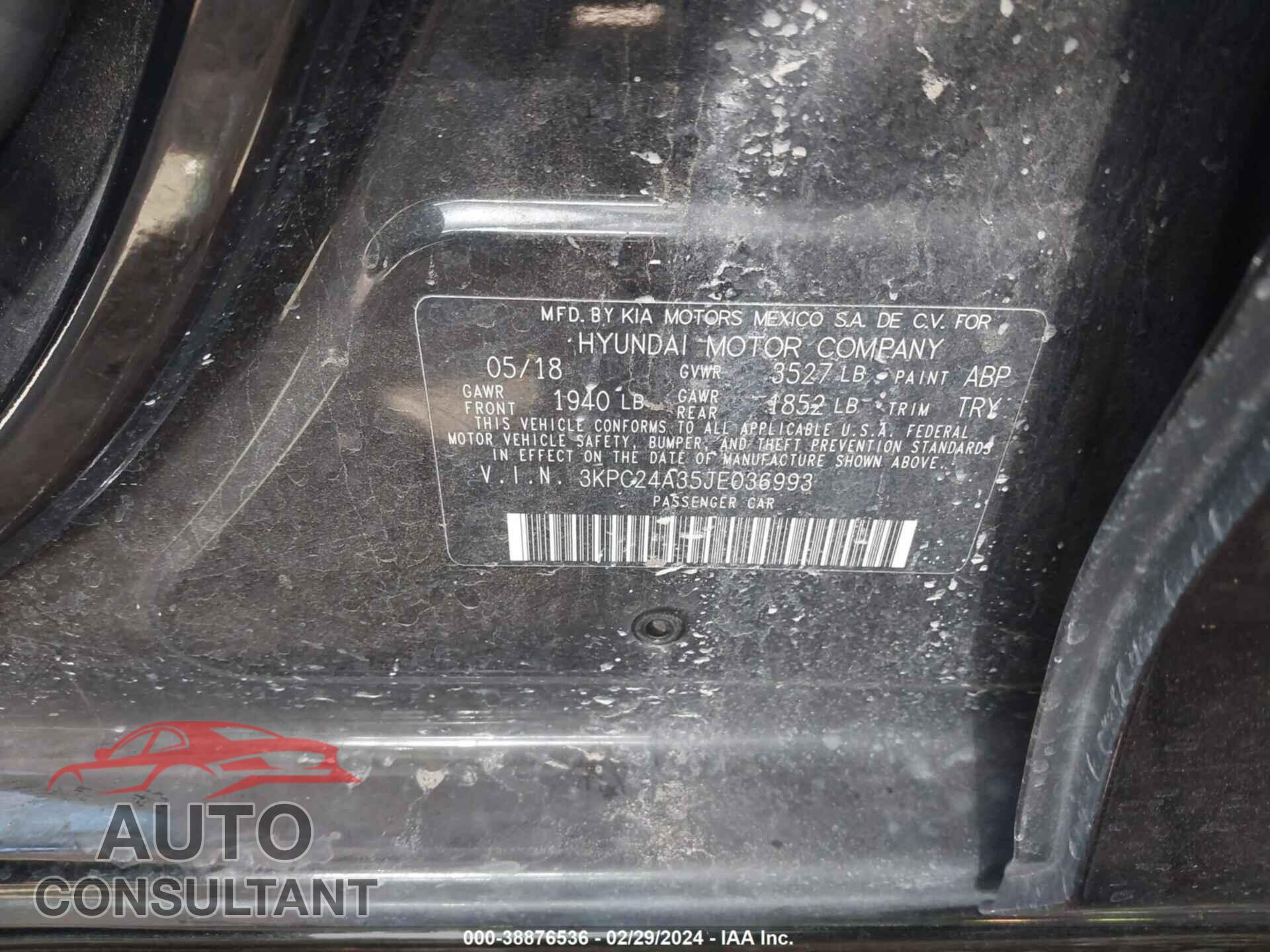 HYUNDAI ACCENT 2018 - 3KPC24A35JE036993
