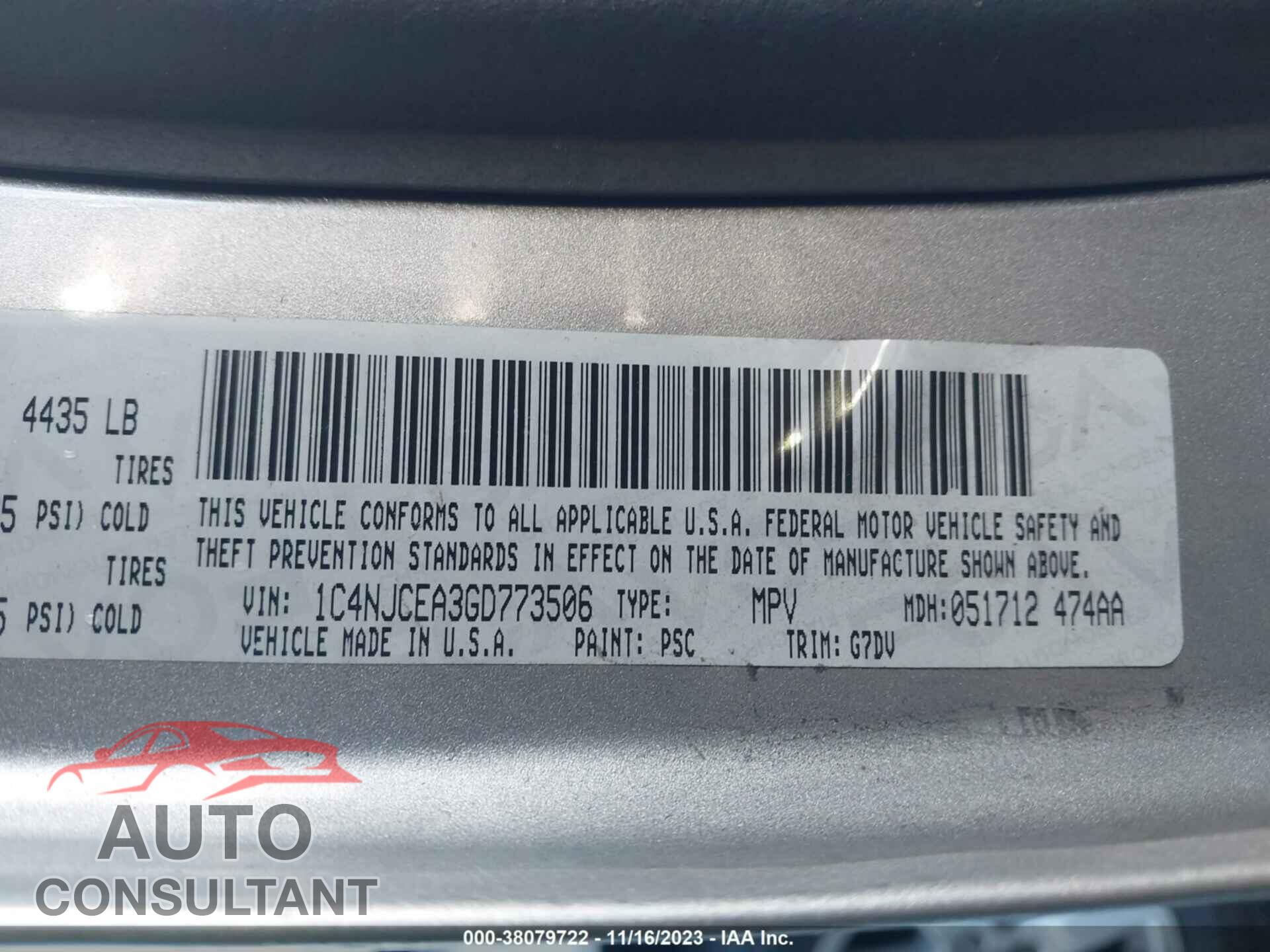 JEEP COMPASS 2016 - 1C4NJCEA3GD773506