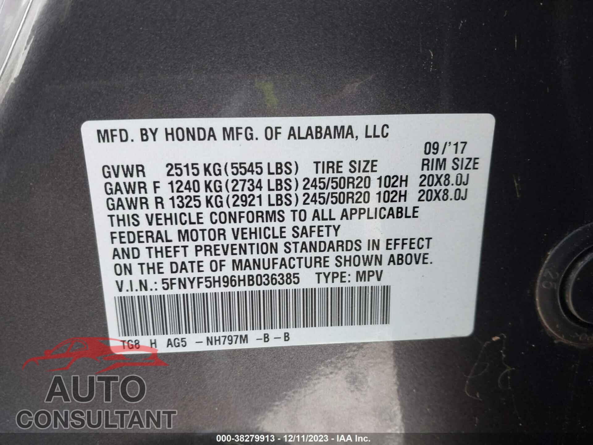 HONDA PILOT 2017 - 5FNYF5H96HB036385