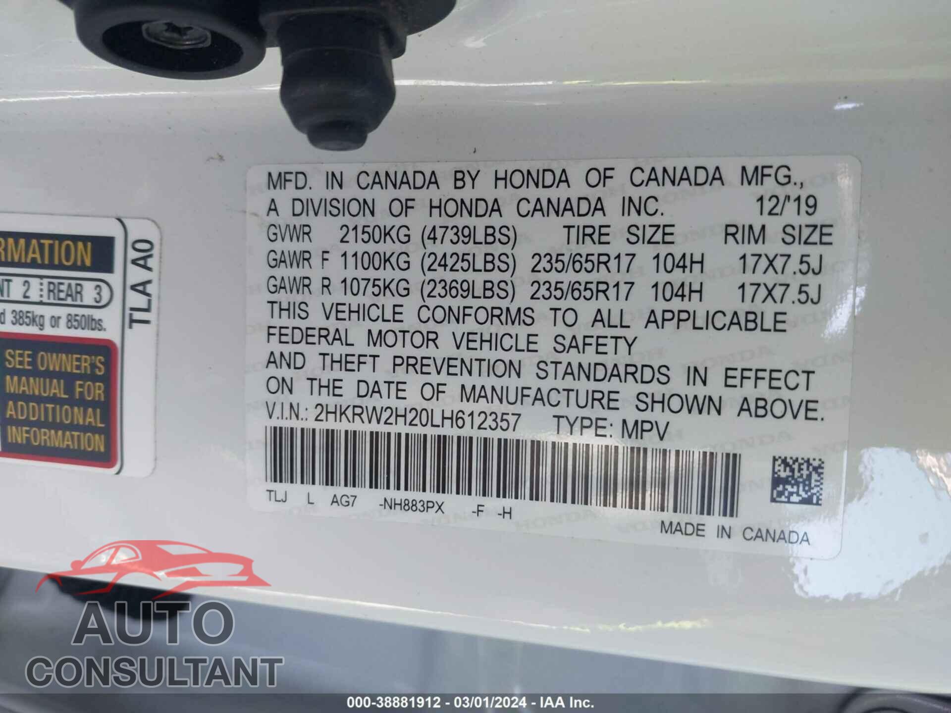 HONDA CR-V 2020 - 2HKRW2H20LH612357