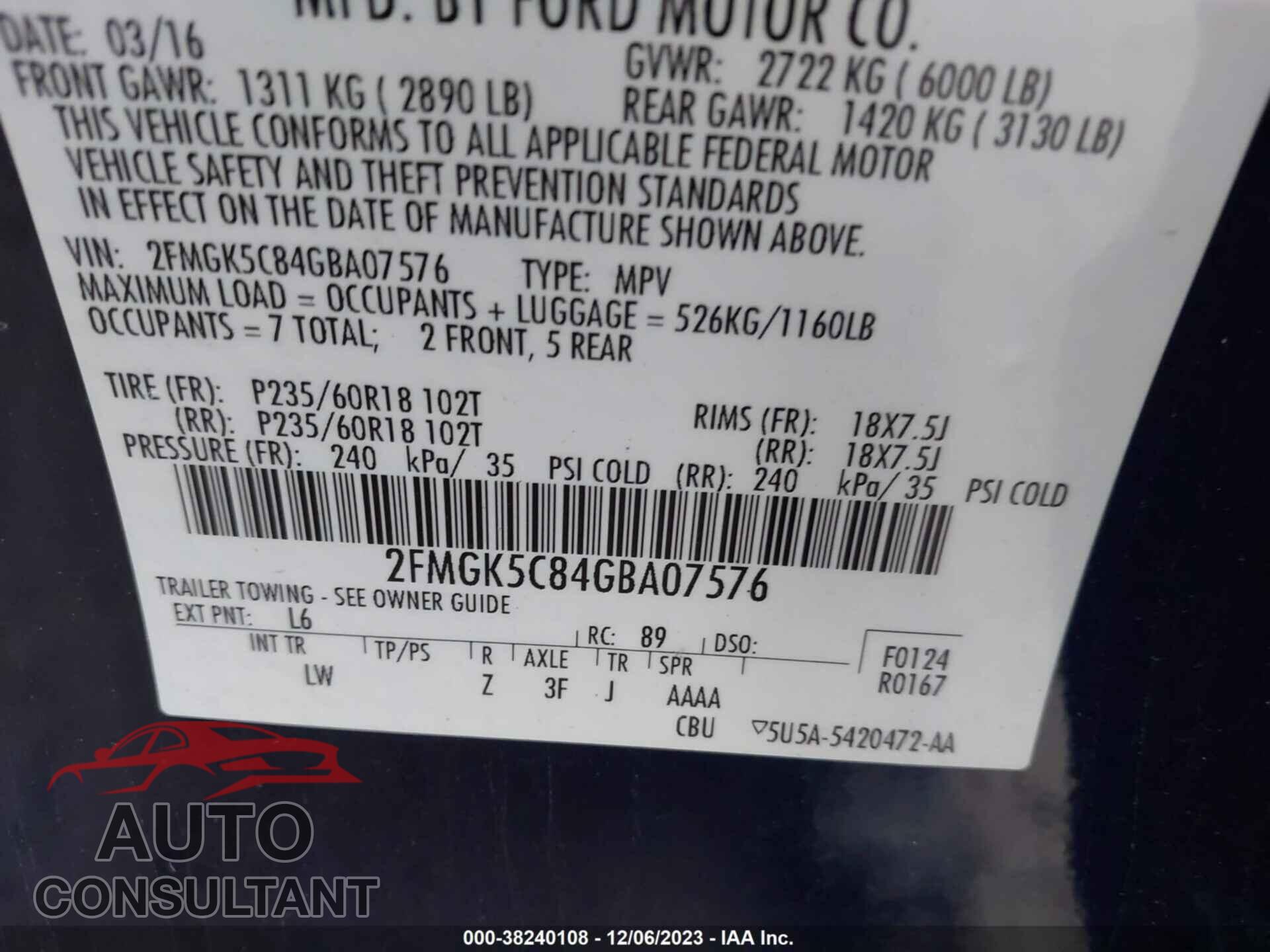 FORD FLEX 2016 - 2FMGK5C84GBA07576