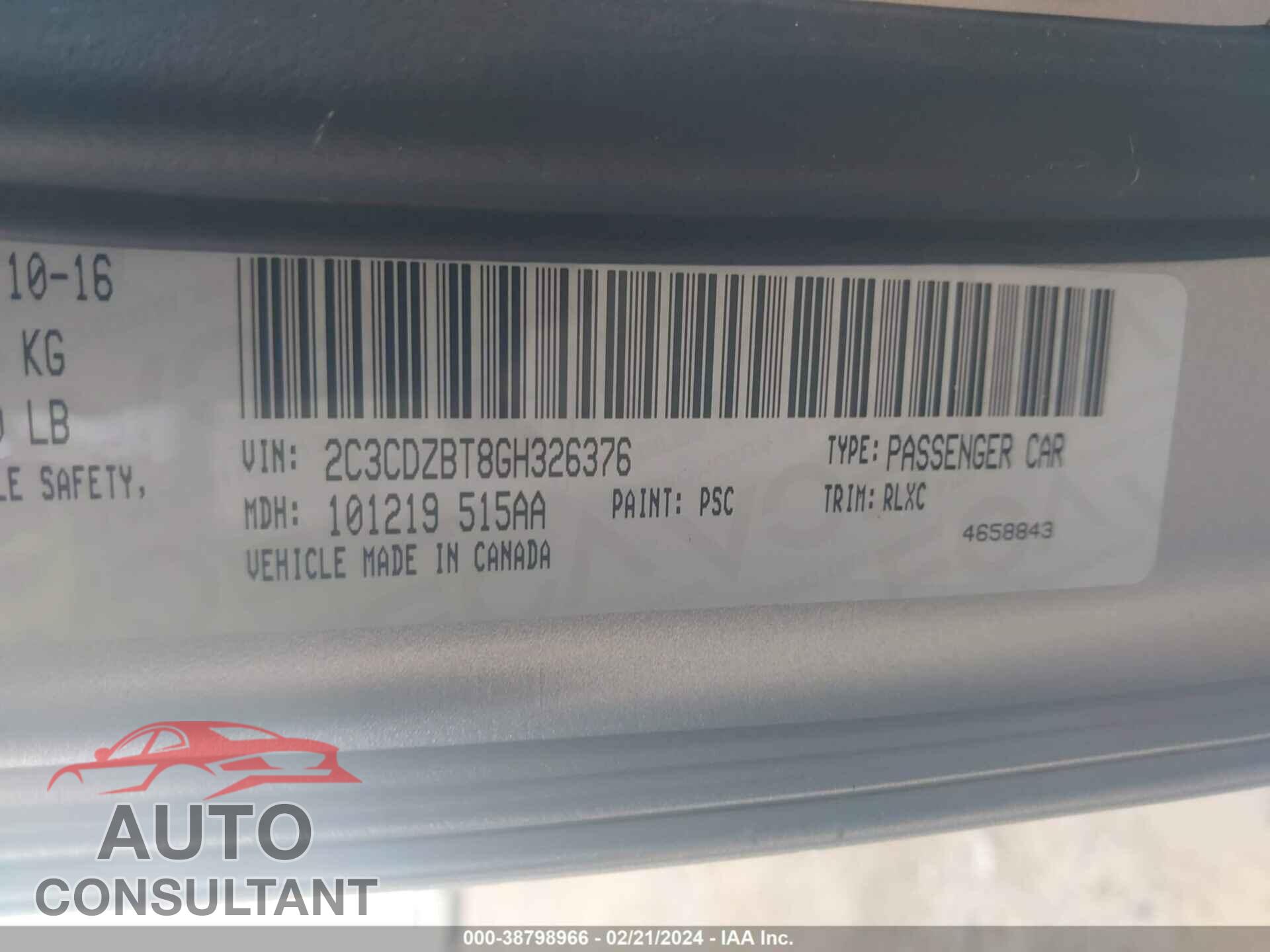 DODGE CHALLENGER 2016 - 2C3CDZBT8GH326376